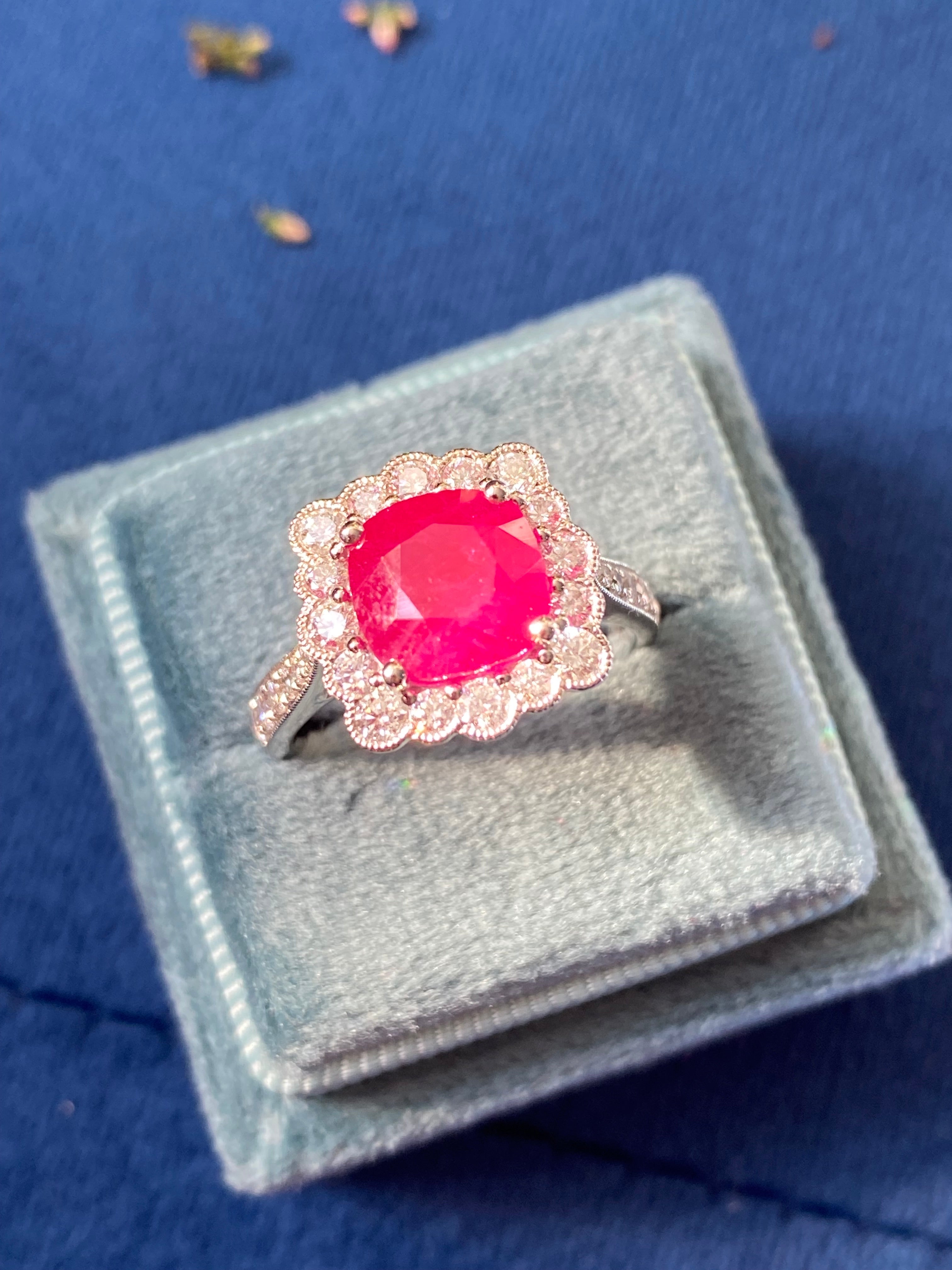 3.29 Carat Cushion-Cut Ruby and 0.78 ctw Natural Diamond Halo Ring in Platinum