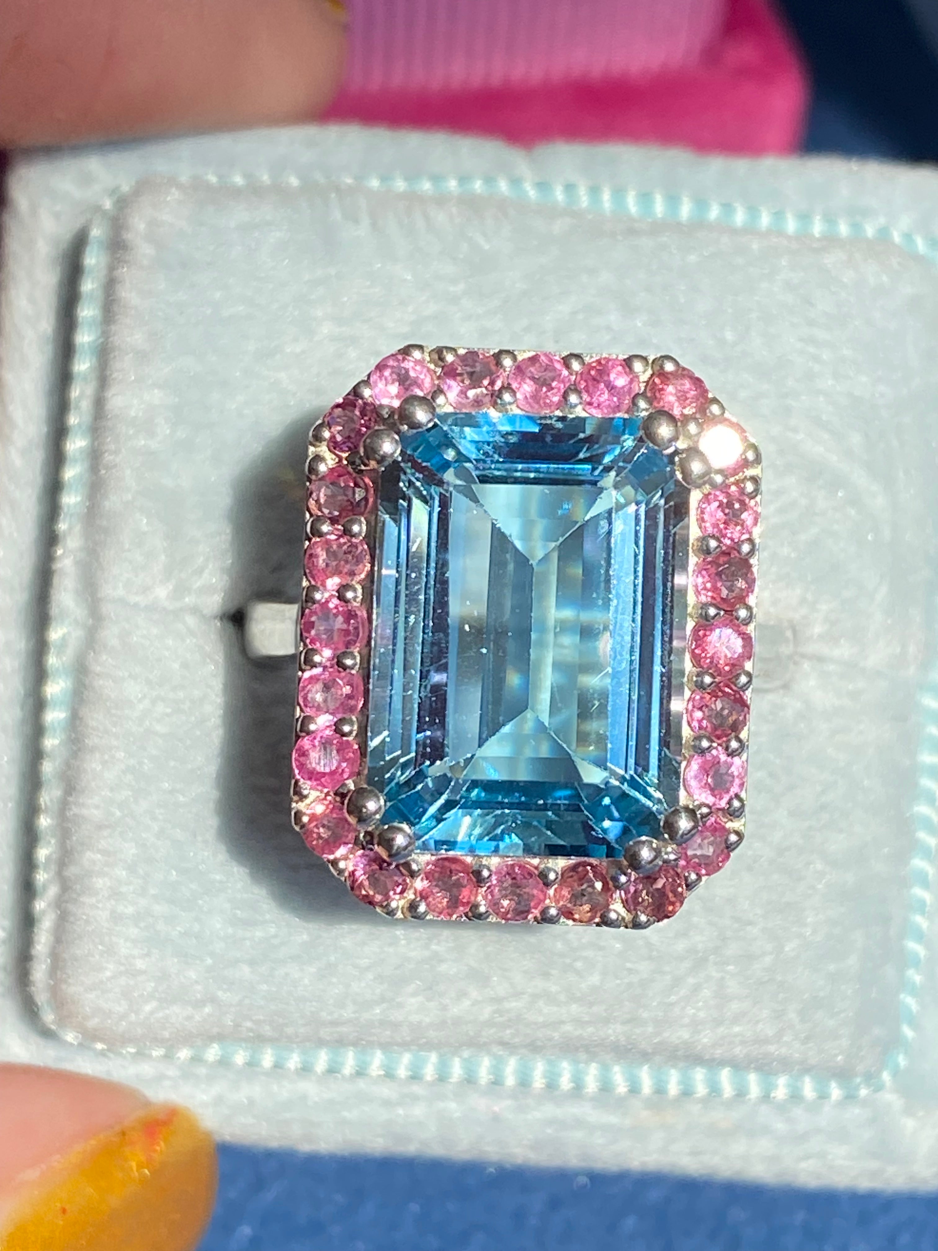 6.50 CTW Blue Topaz and Pink Tourmaline Halo Ring in Sterling Silver