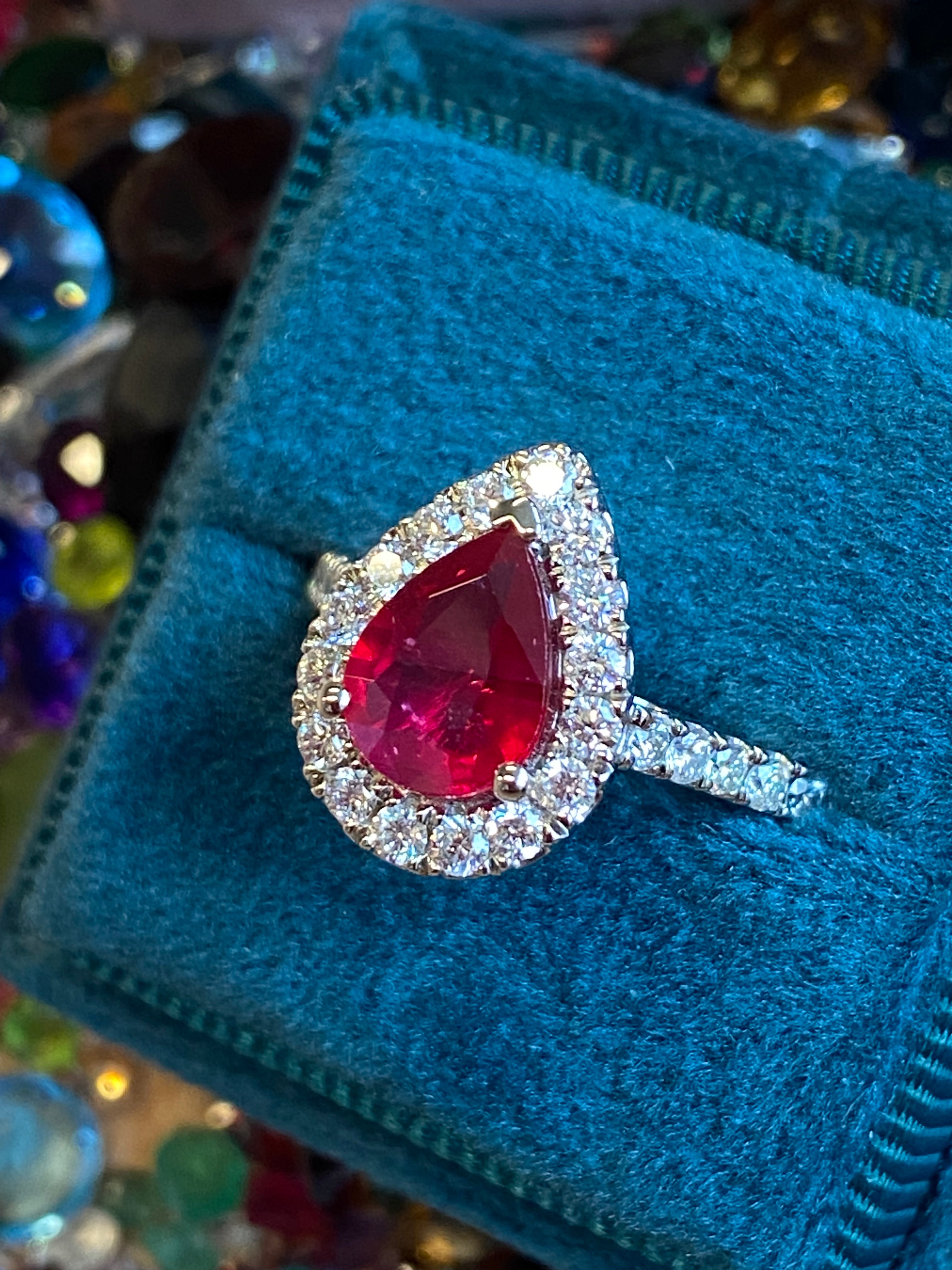 2.08 CTW Pear Cut Ruby and Natural Diamond Ring in Platinum