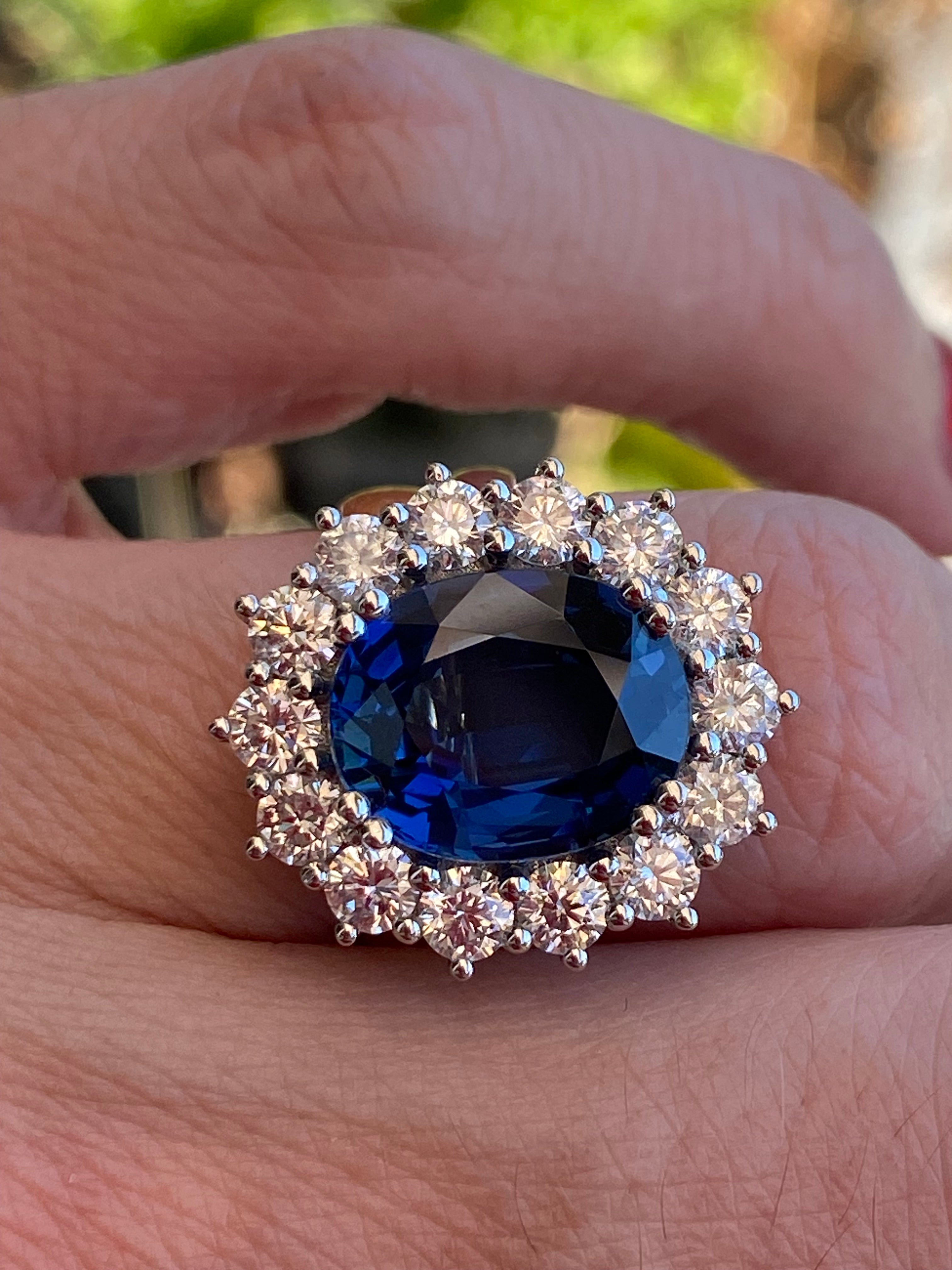 6.37 Carat Gubelin Certed No Heat Blue Ceylon Sapphire and 1.80 CTW Natural Diamond Halo Ring in Platinum