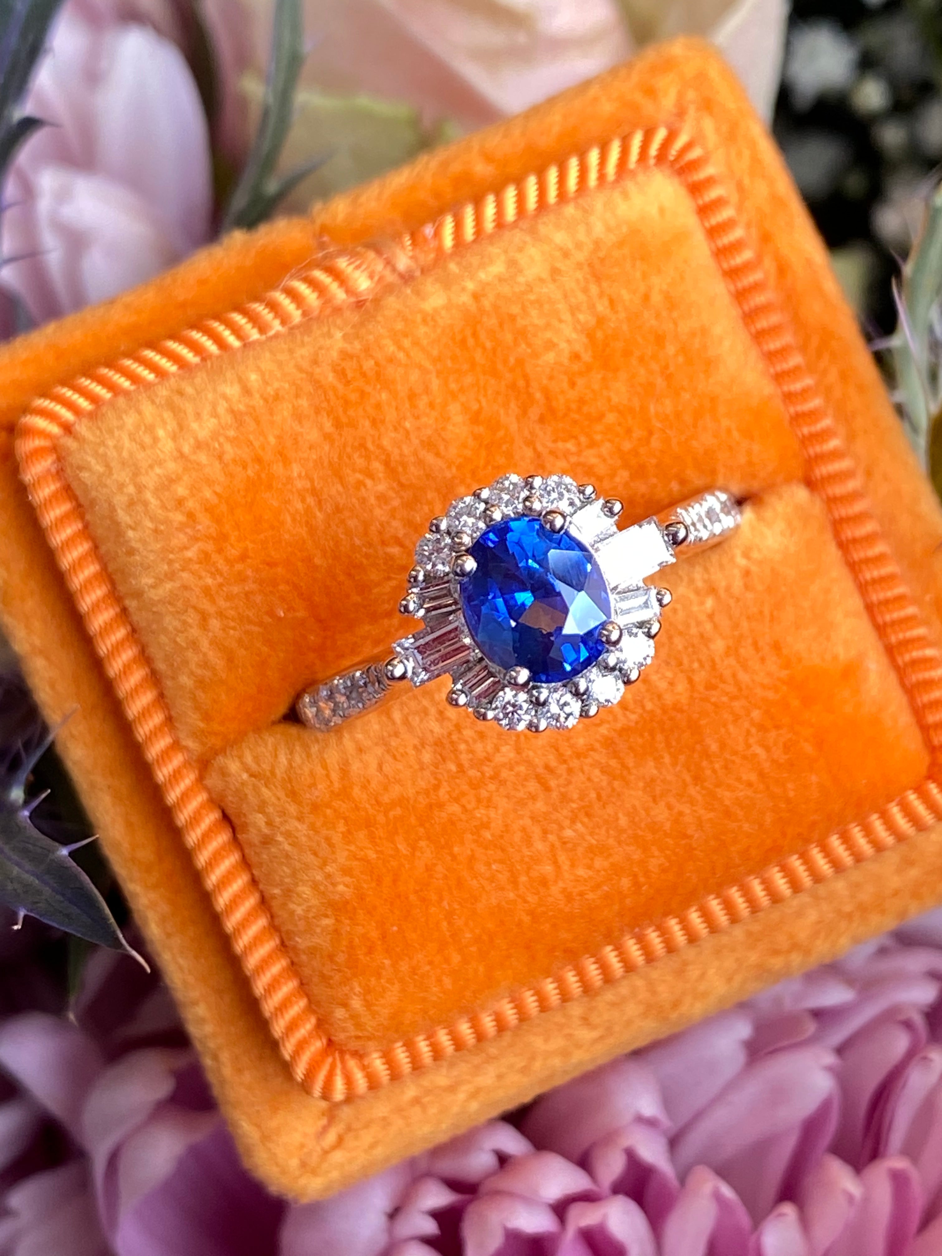 1.58 CTW Blue Ceylon Sapphire and Natural Diamond Halo Ring in Platinum
