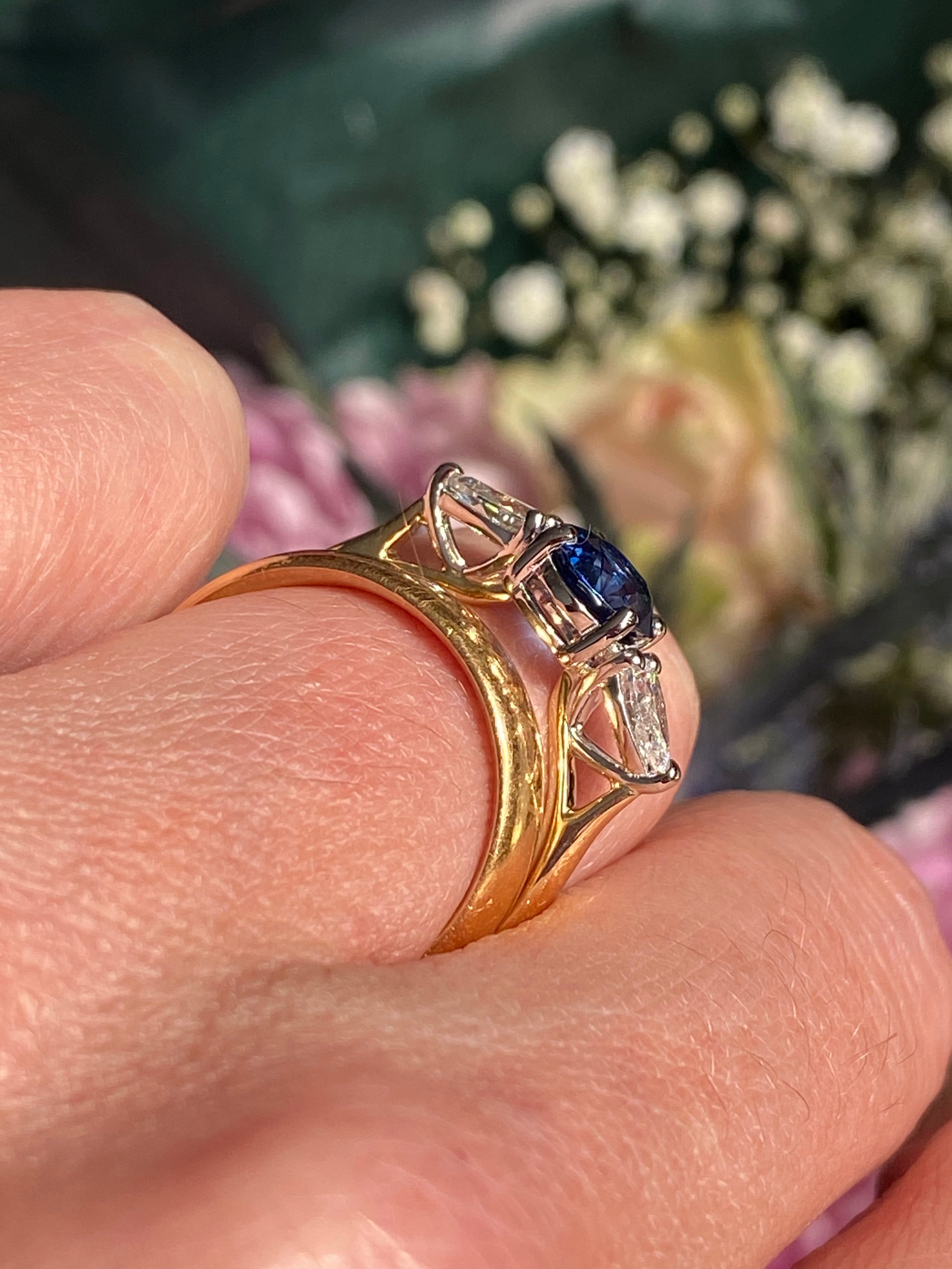 1.52 CTW Blue Ceylon Sapphire and Natural Diamond Three Stone Engagement Ring in Platinum and 18ct Yellow Gold
