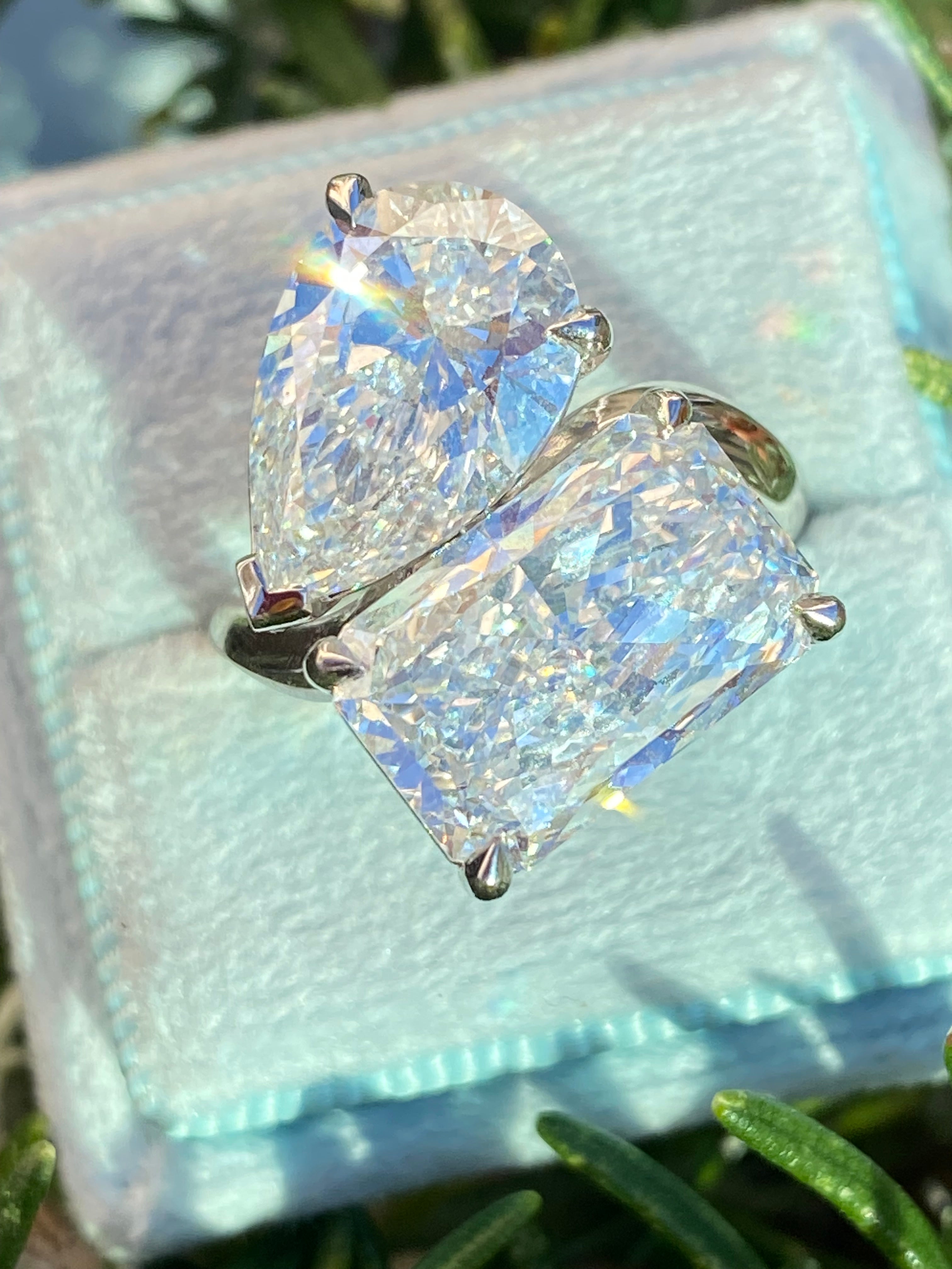 10.09 CTW Radiant and Pear Cut Lab Diamond Toi Et Moi Engagement Ring in Platinum