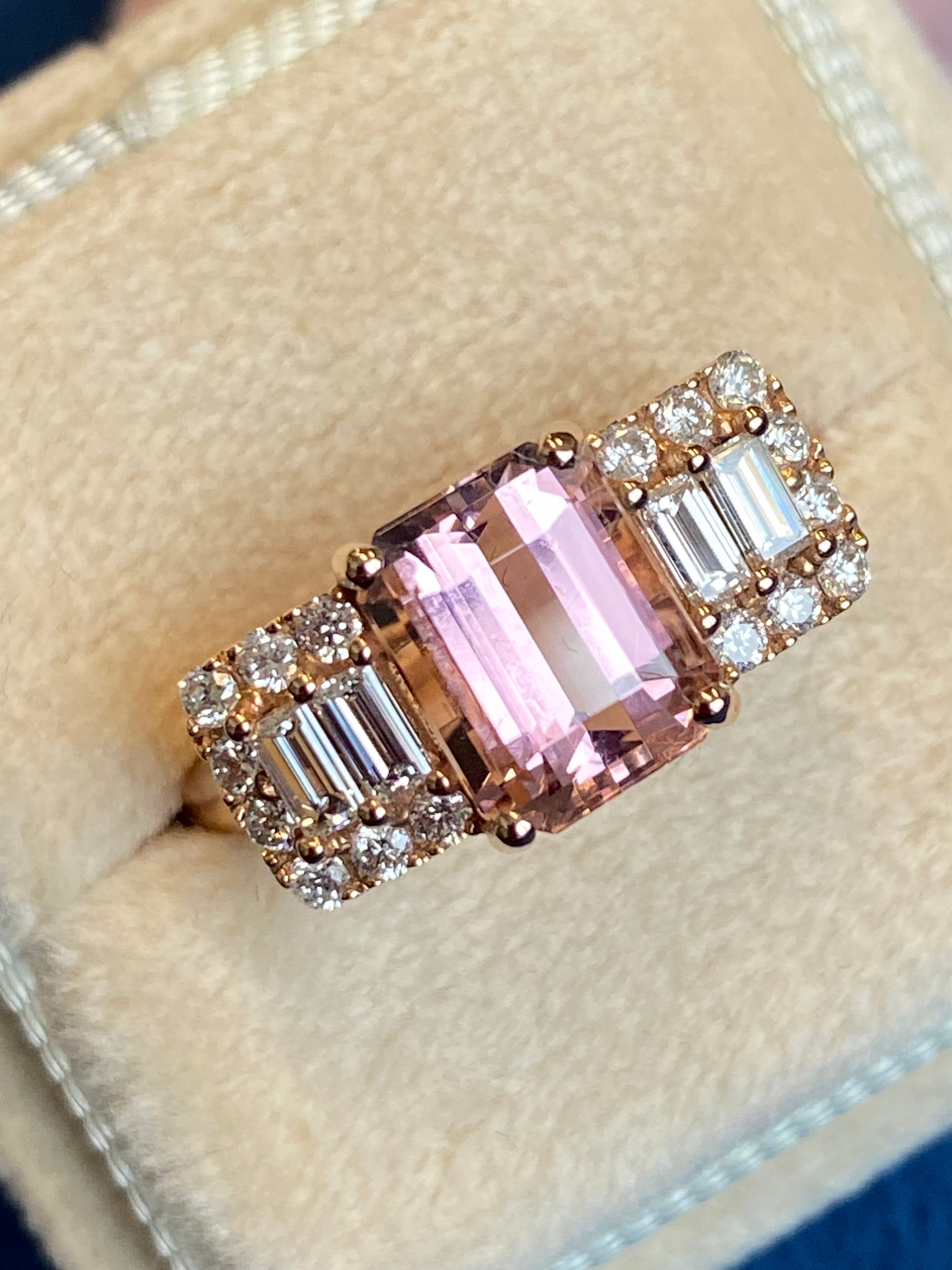 2.49 CTW Emerald Cut Morganite and Diamond Three Stone Style Engagement Ring in 18ct Rose Gold