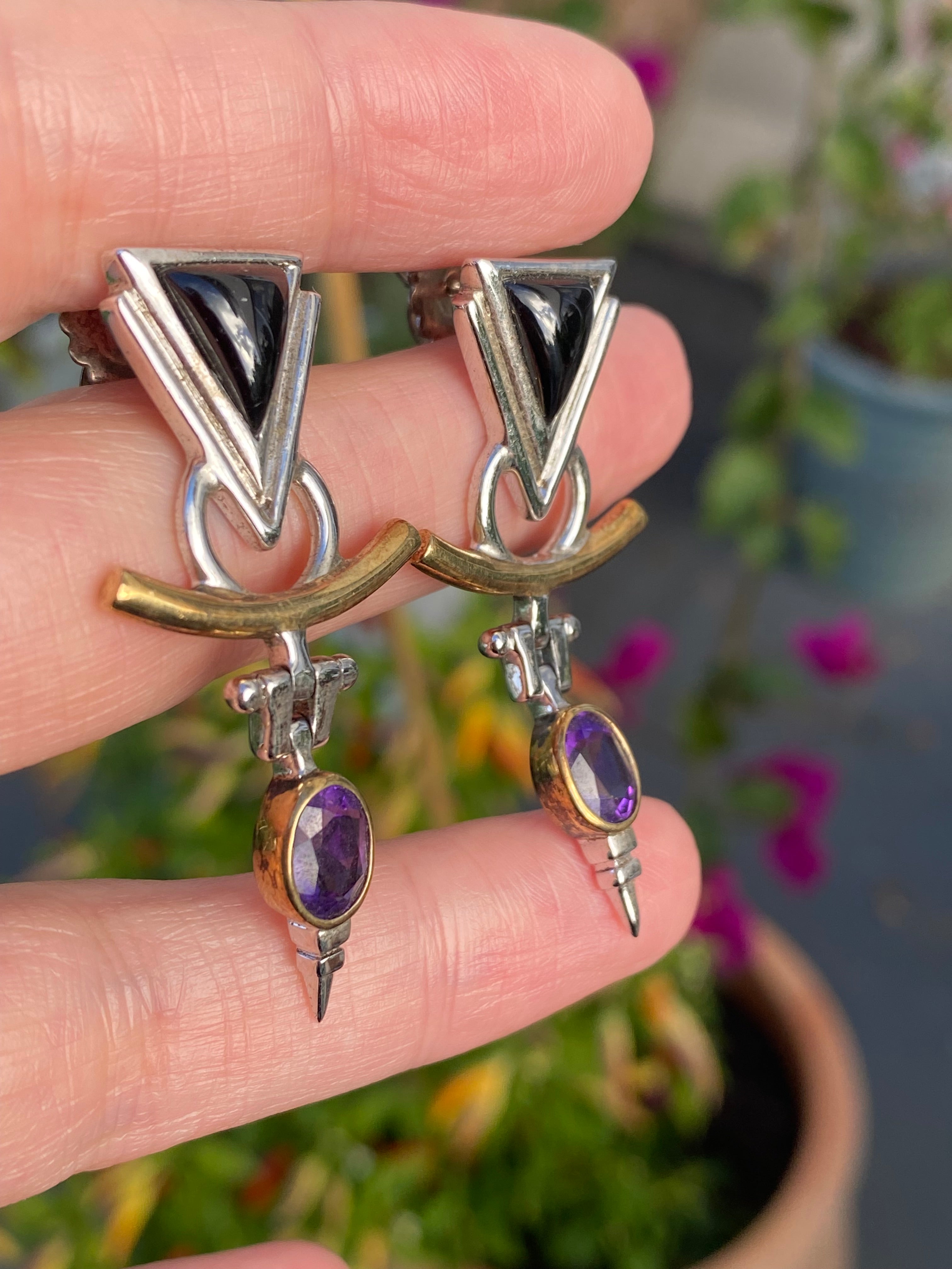 Statement 1980’s Amethyst and Black Onyx Earrings in Sterling Silver and 18ct Yellow Gold