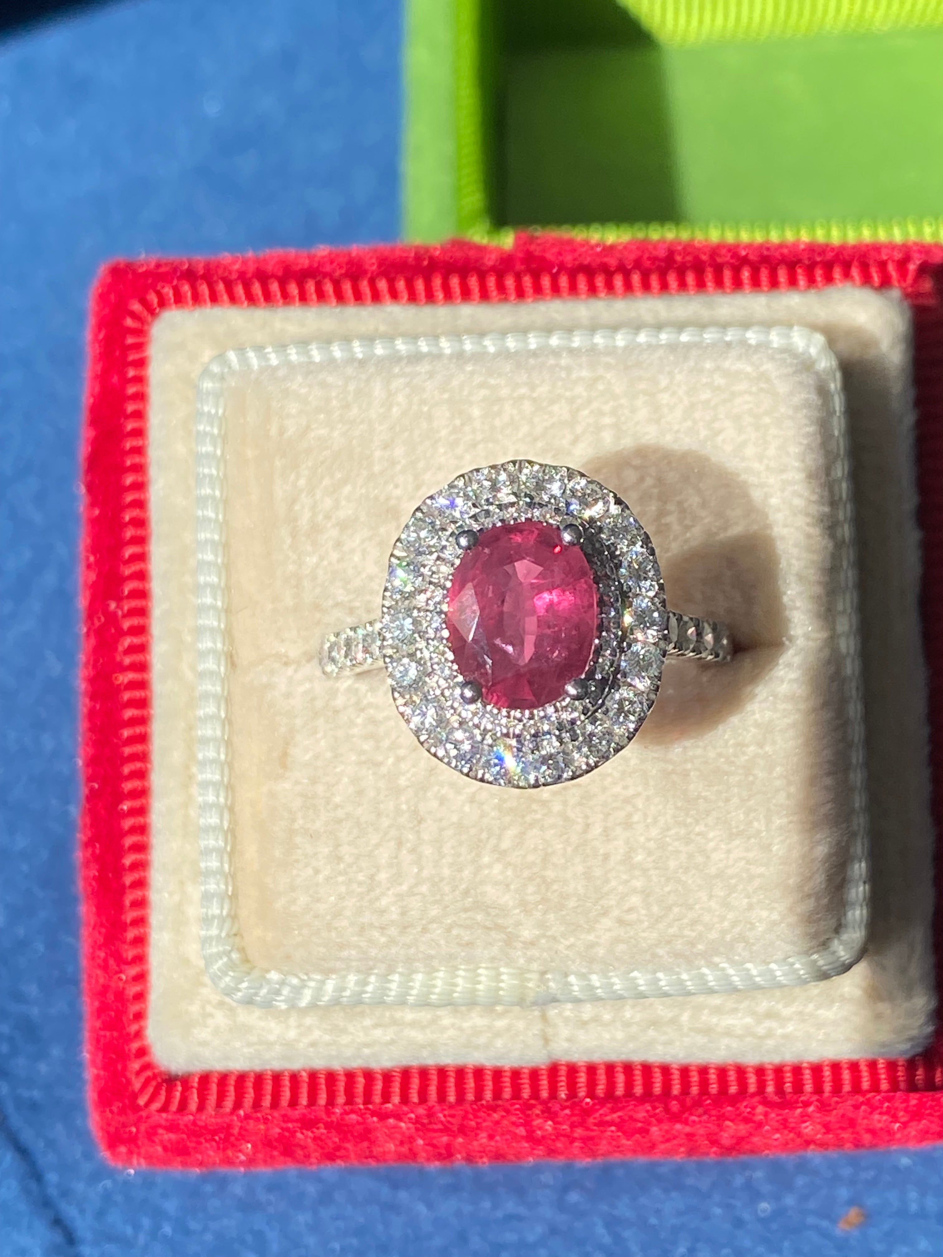 2.56 CTW Oval-Cut Ruby and Natural Diamond Double Halo Ring in Platinum