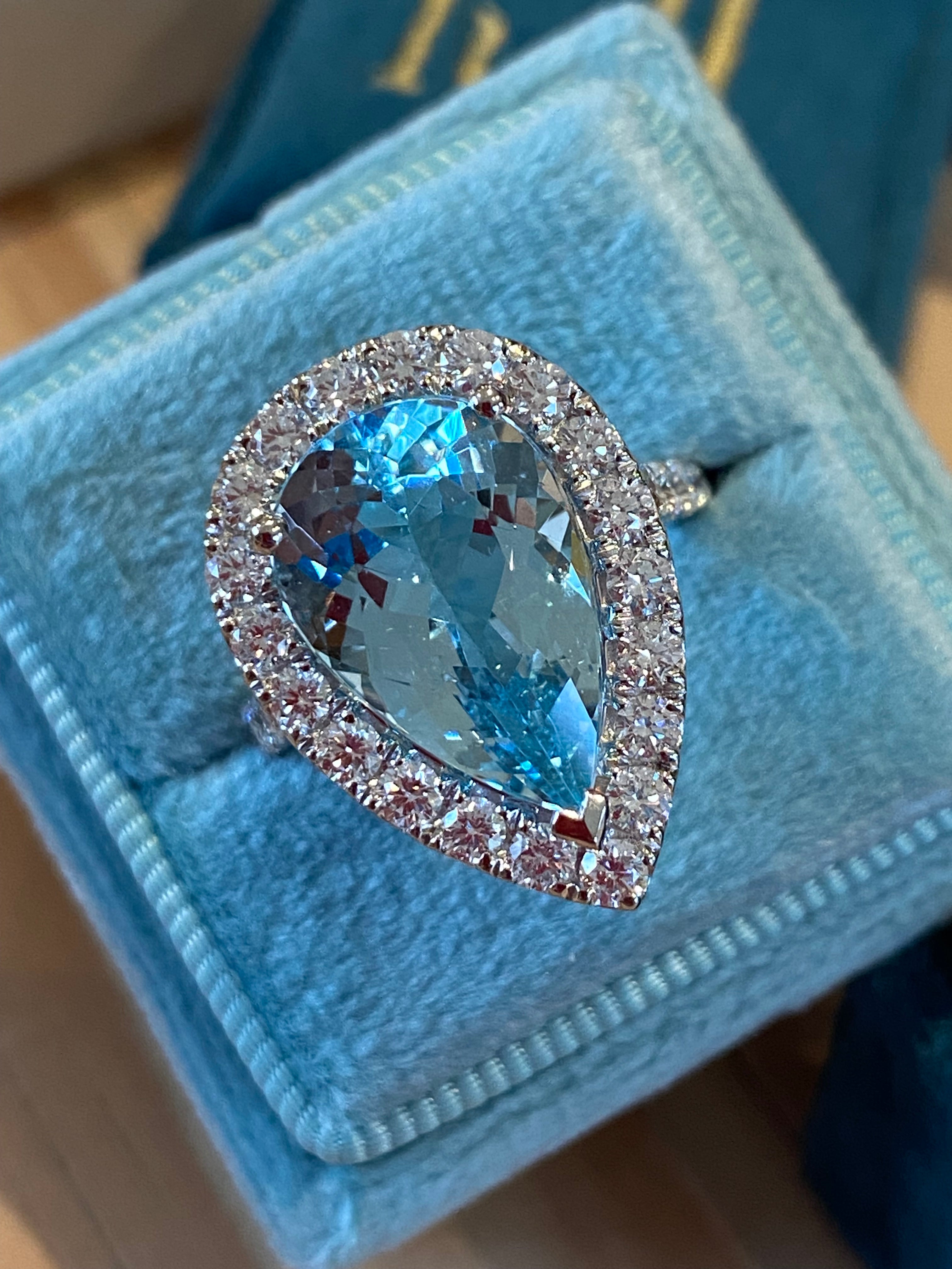 5.36 Carat Pear Cut Aquamarine and 1.38ctw Natural Diamond Ring in Platinum