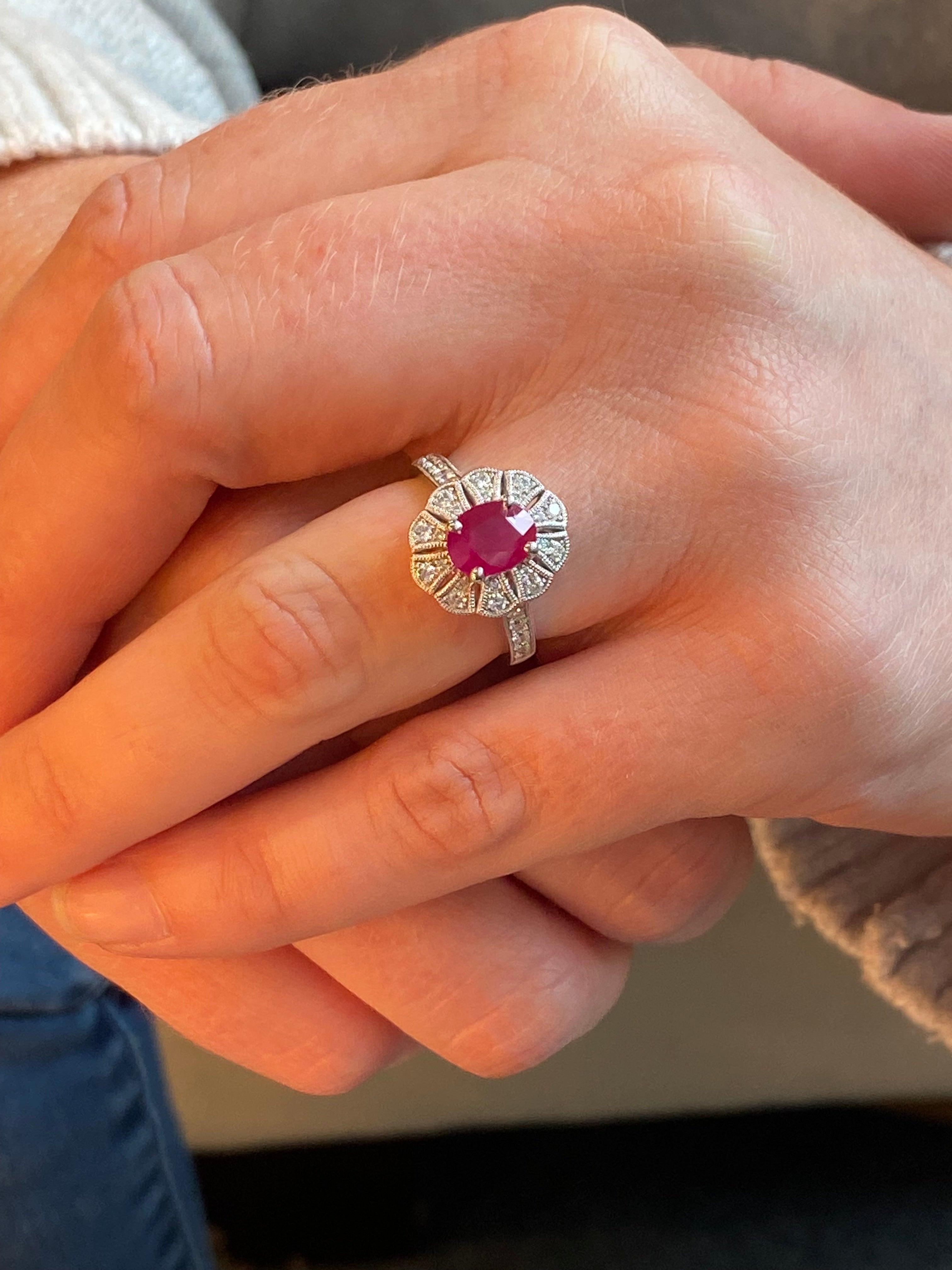 1.71 CTW Oval Cut Ruby and Diamond Art Deco Style Ring in Platinum