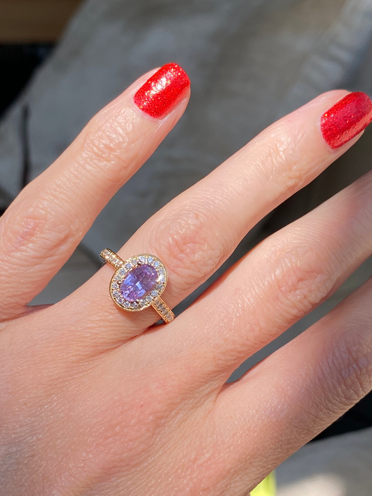 1.37 Carat Lilac Sapphire and Natural Diamond Engagement Ring in 18ct Yellow Gold