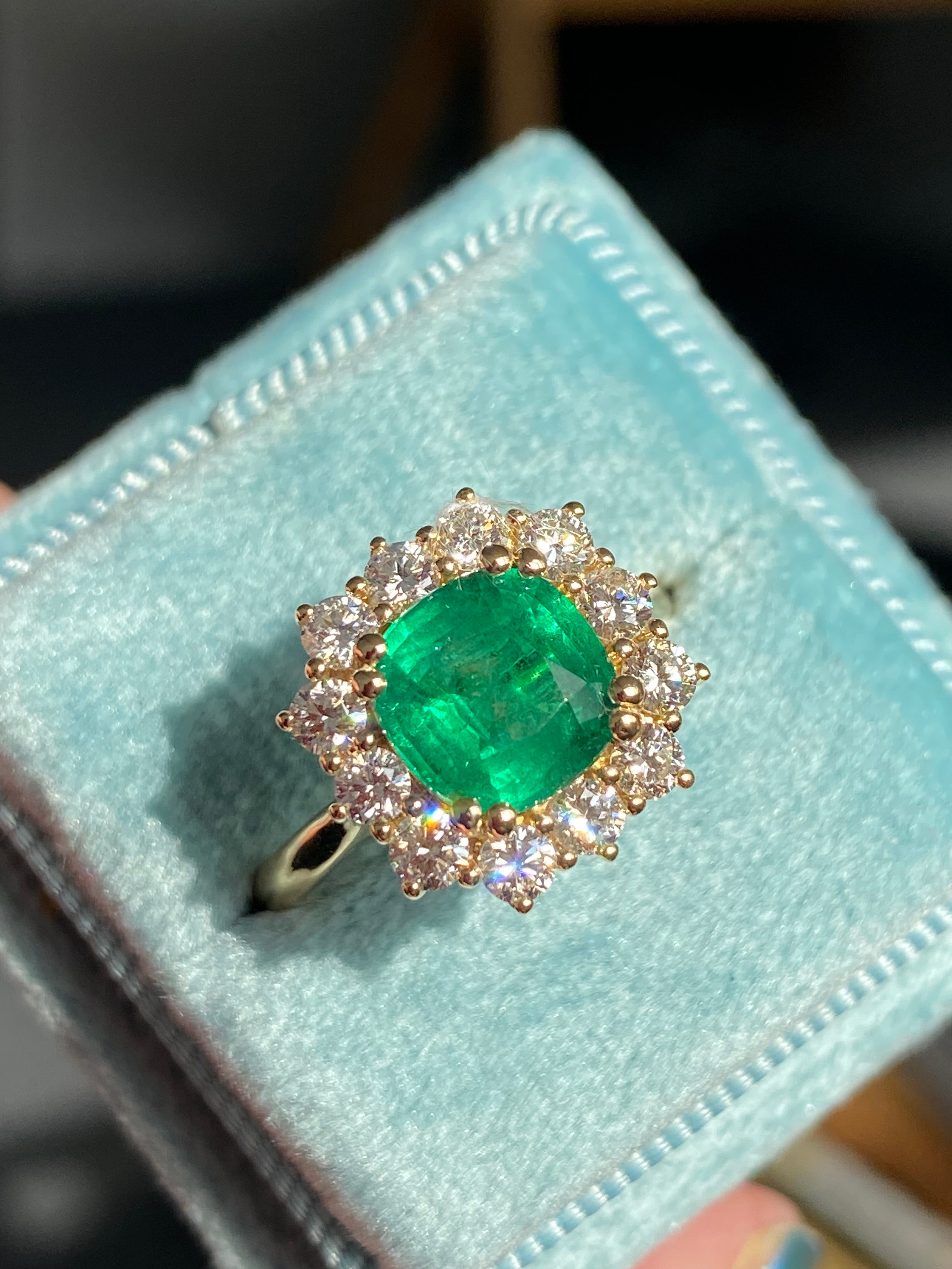 Masterpiece Cushion Cut Emerald and Natural Diamond Halo Ring in 18ct Yellow Gold