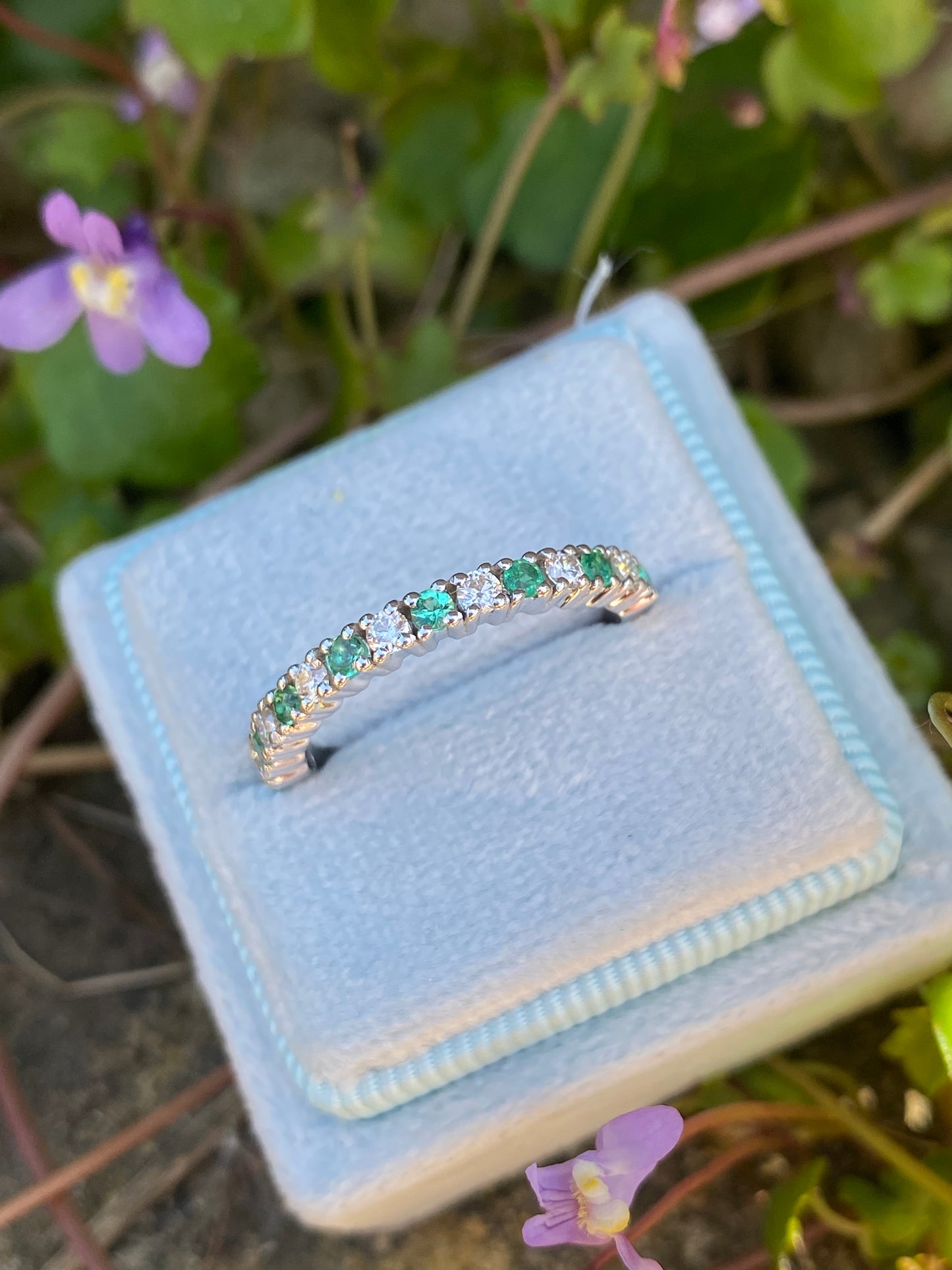 0.47ctw Natural Emerald and Moissanite Eternity Stacking Ring