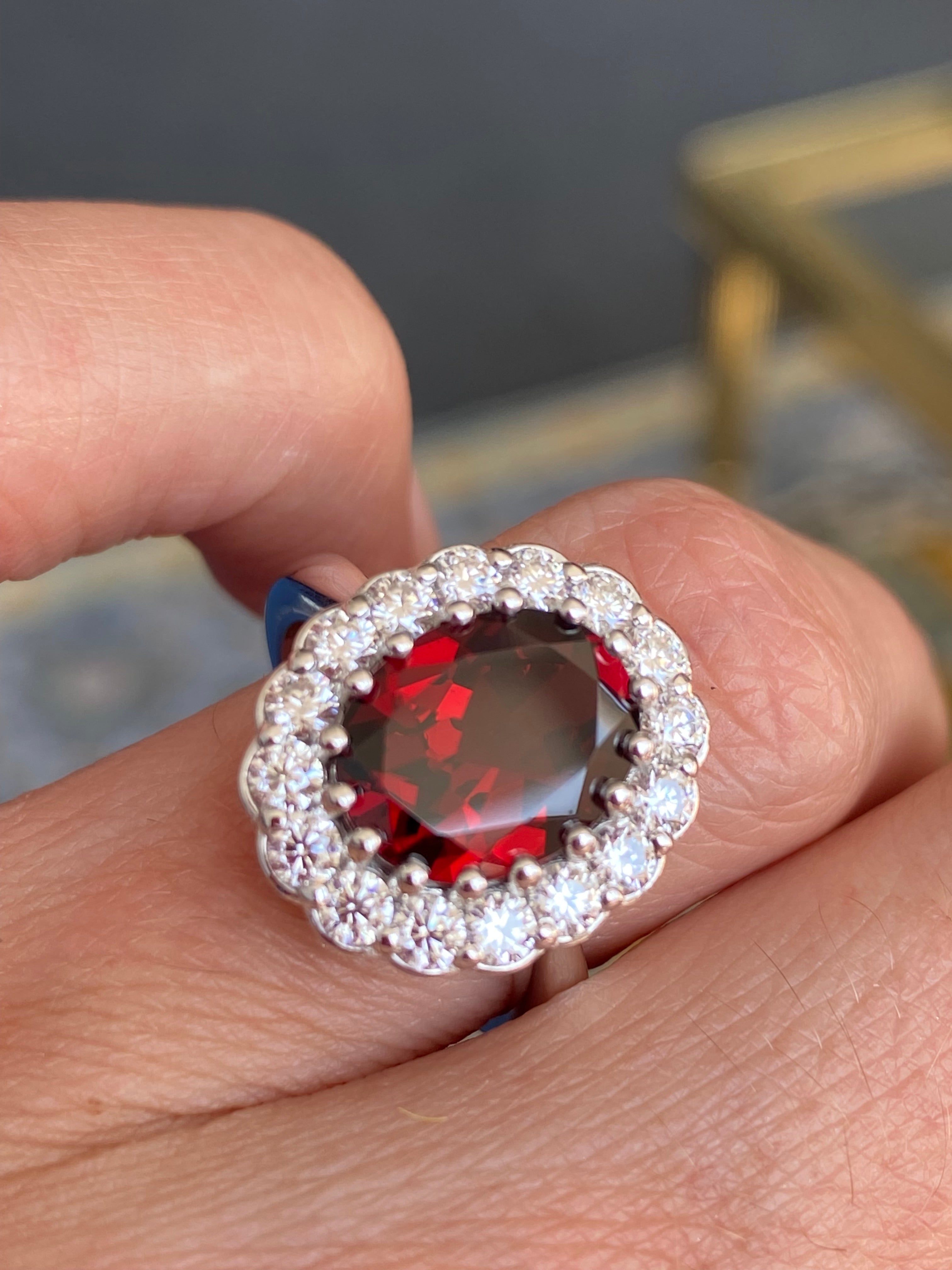 5.50 CTW Oval Cut Garnet and Moissanite Halo Cocktail Ring