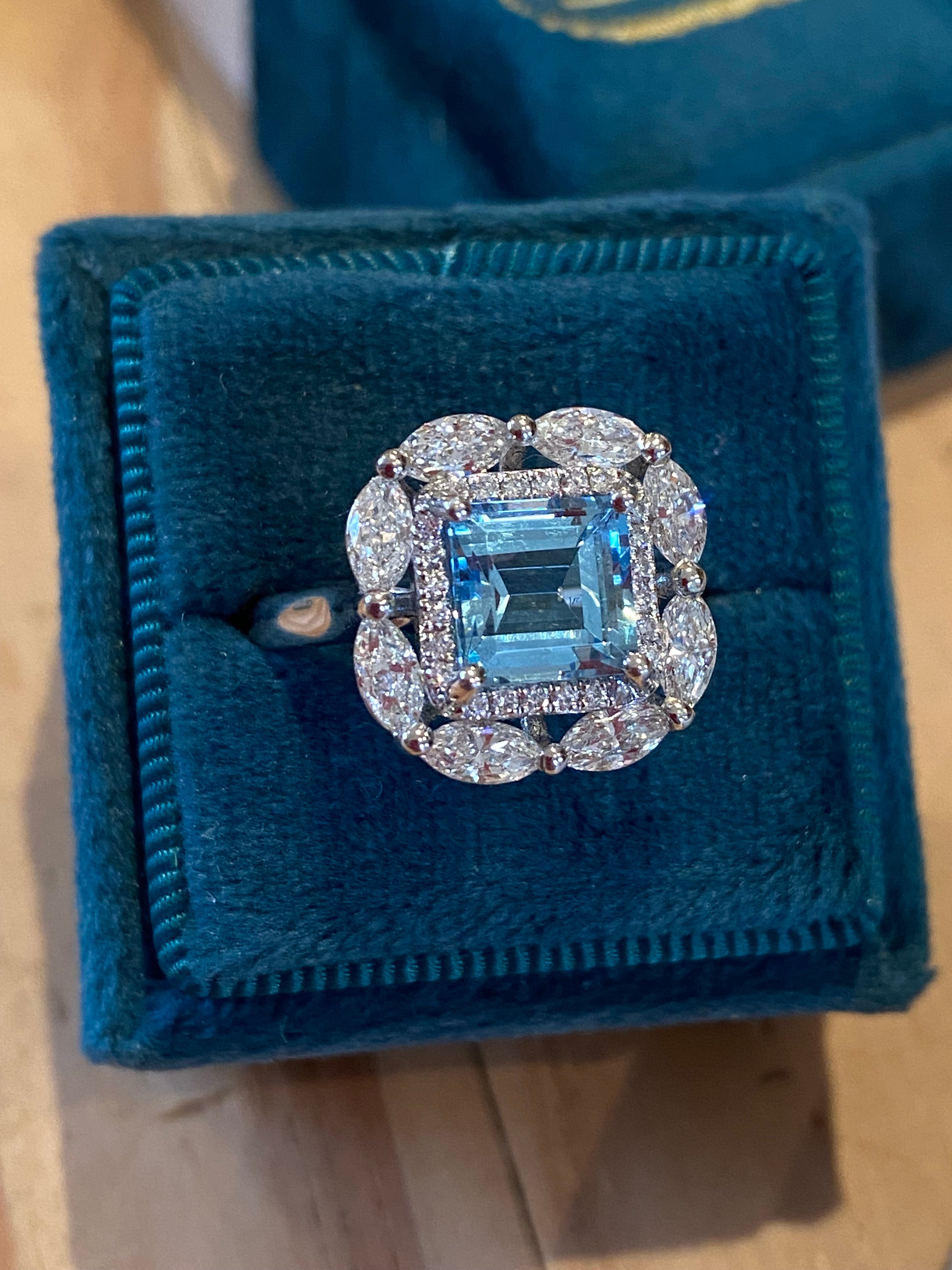 1.60 Carat Aquamarine and 1.18 ctw Natural Diamond Ring in Platinum