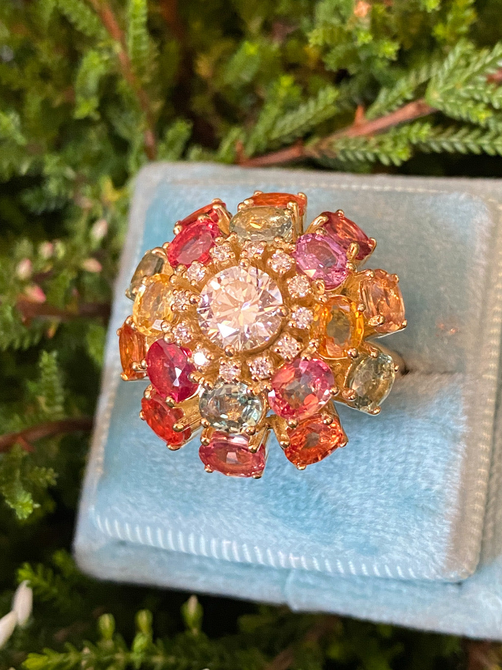 8.08 CTW Natural Diamond and Sapphire Bombe Cluster Ring in 18ct Yellow Gold