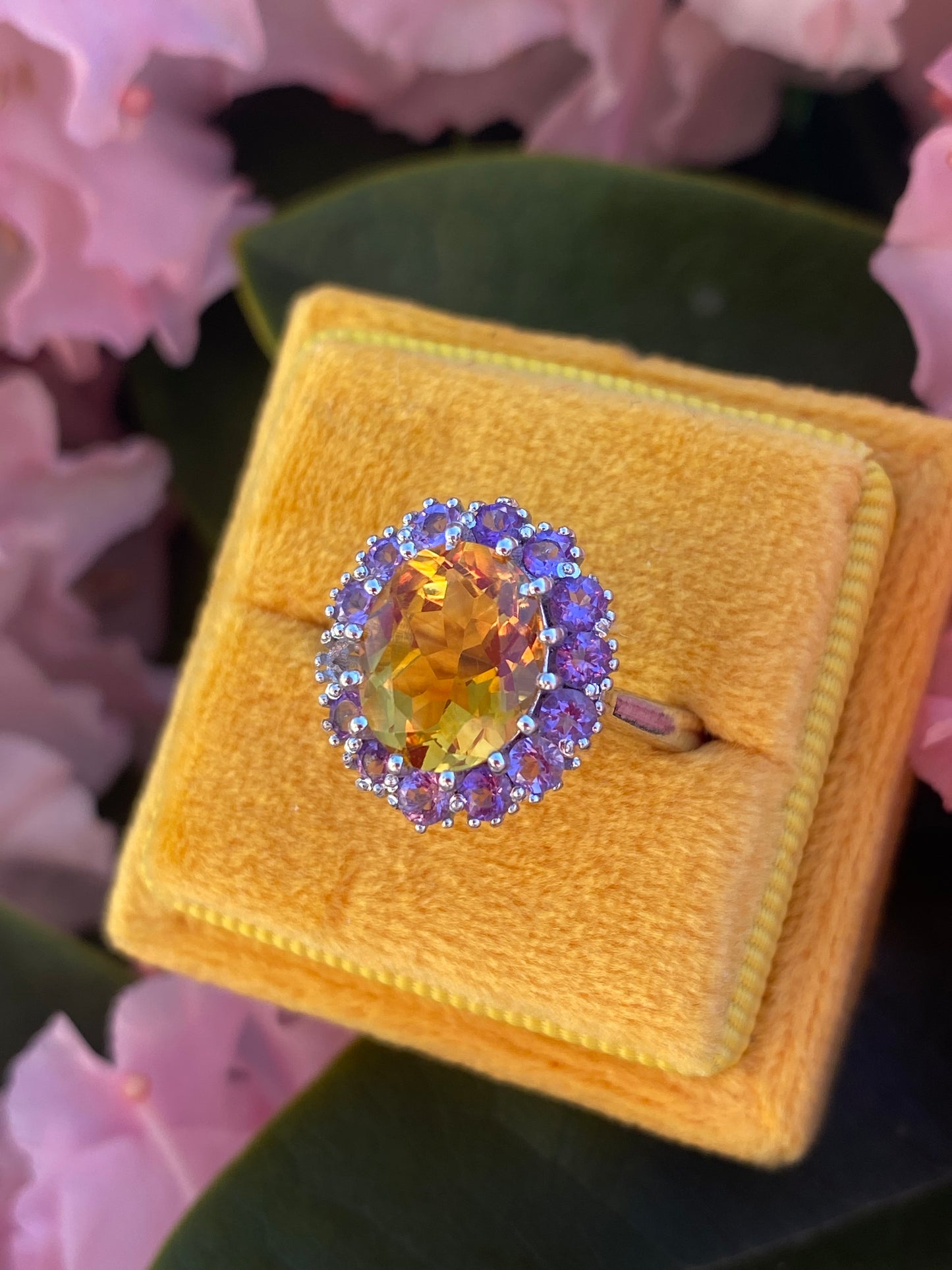 Oval-Cut Citrine and Amethyst Halo Cocktail Ring in Sterling Silver