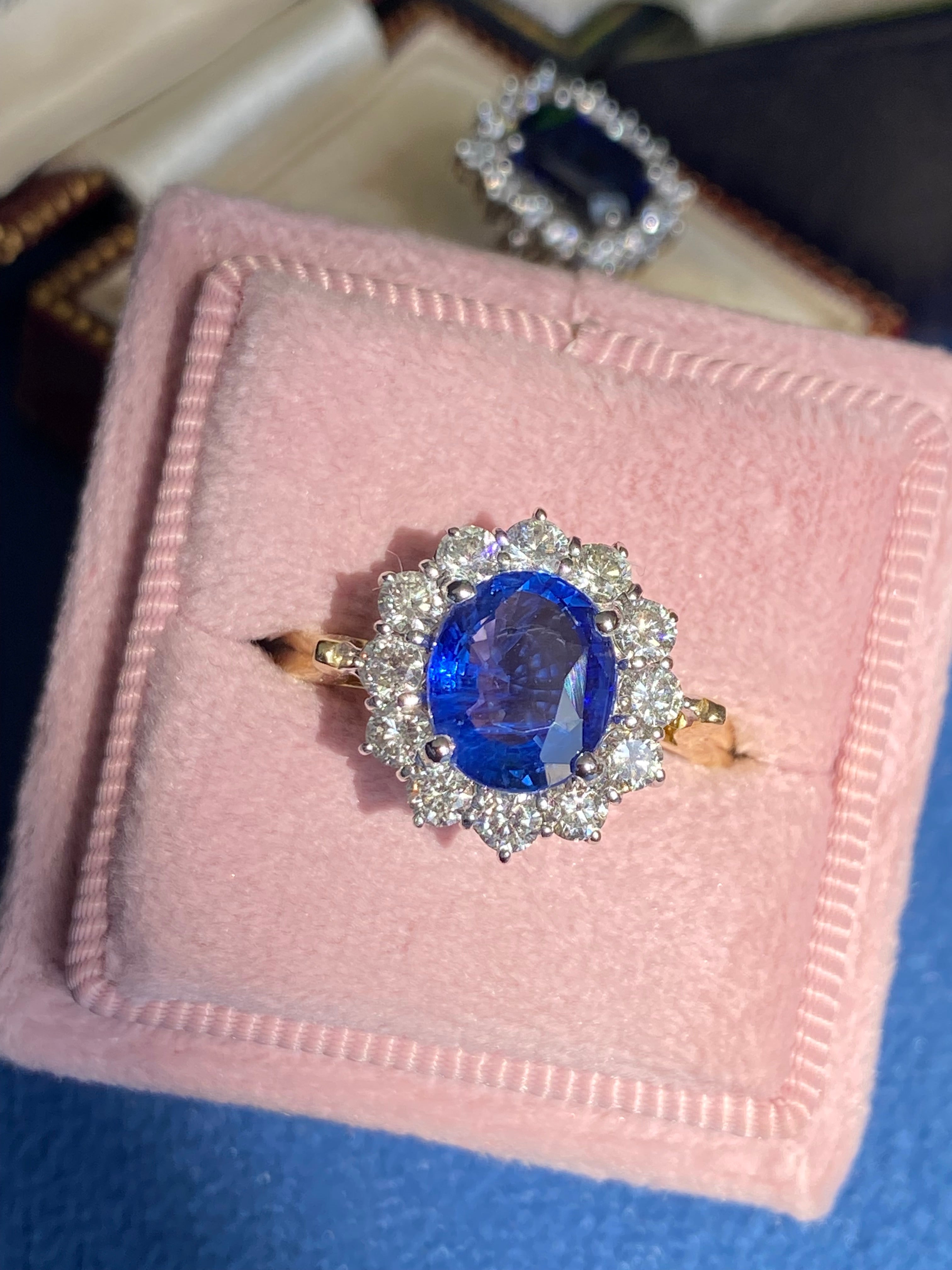 3.31 CTW Ceylon Sapphire and Natural Diamond Halo Ring in 18ct Gold