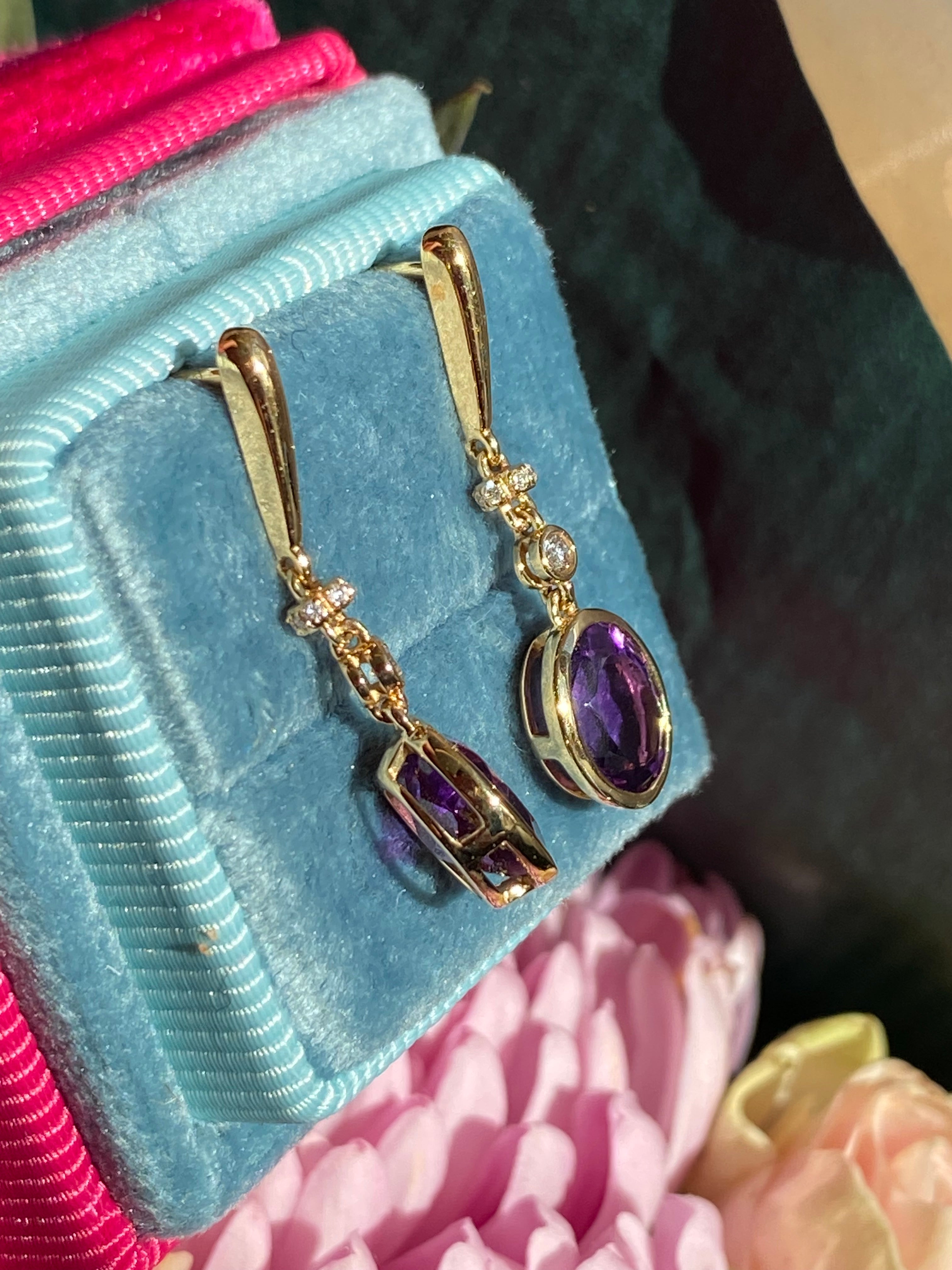 2.47 CTW Amethyst and Diamond Drop Earrings in 18ct Yellow Gold