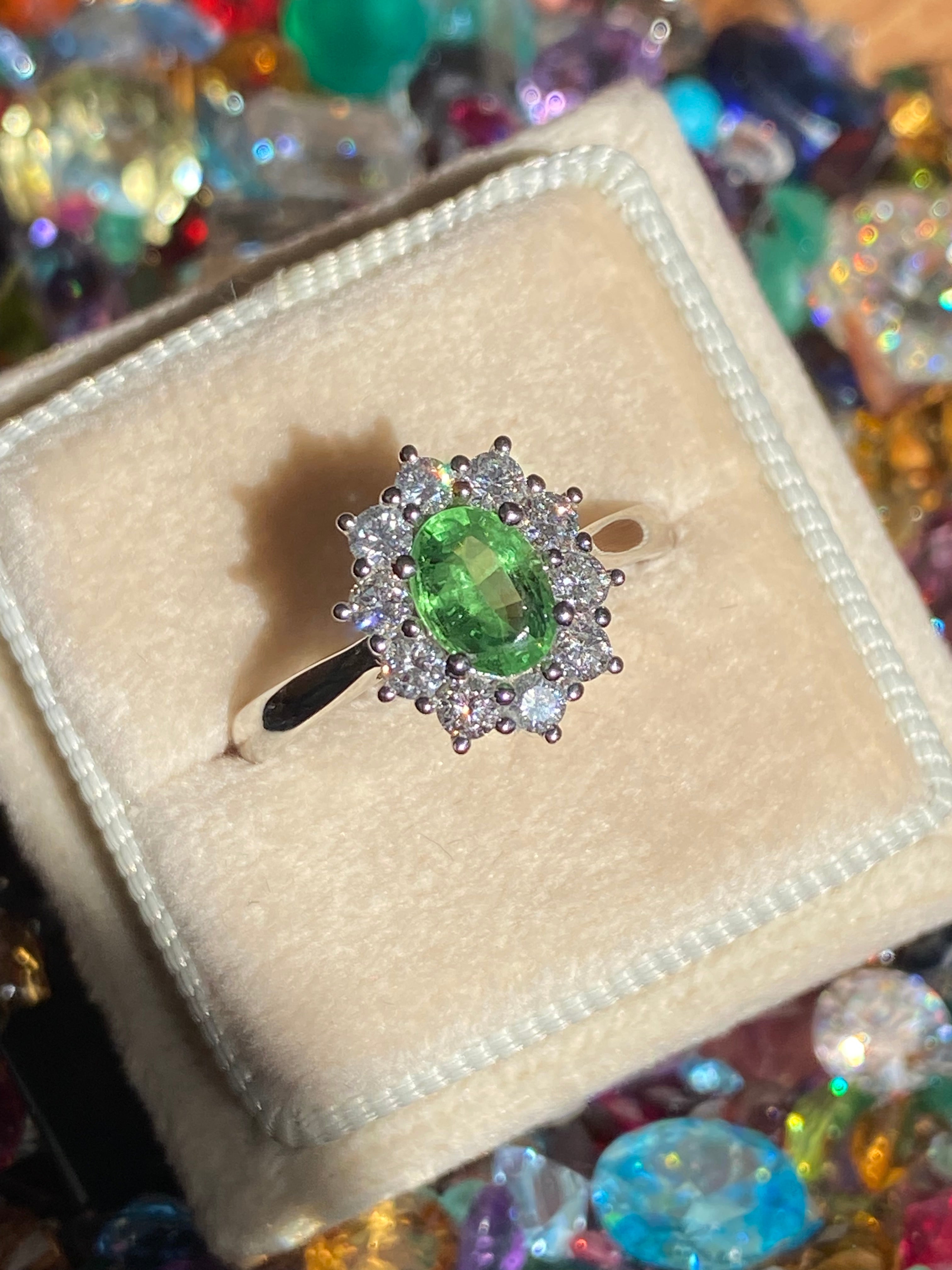 1.32 CTW Tsavorite Garnet and Natural Diamond Halo Ring in Platinum