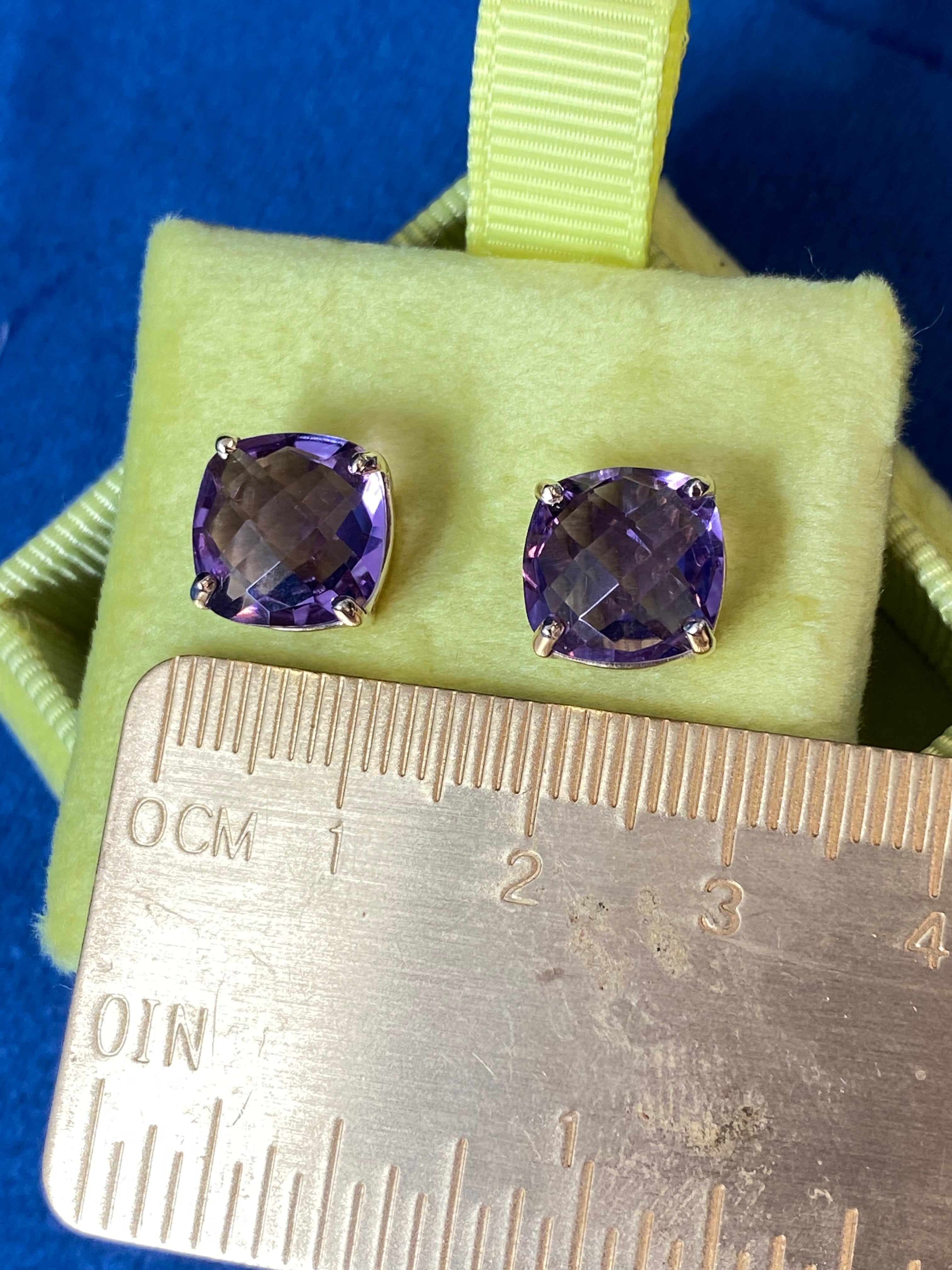 Cushion Chequerboard Cut Rose De France Amethyst Stud Earrings in 9ct Yellow Gold