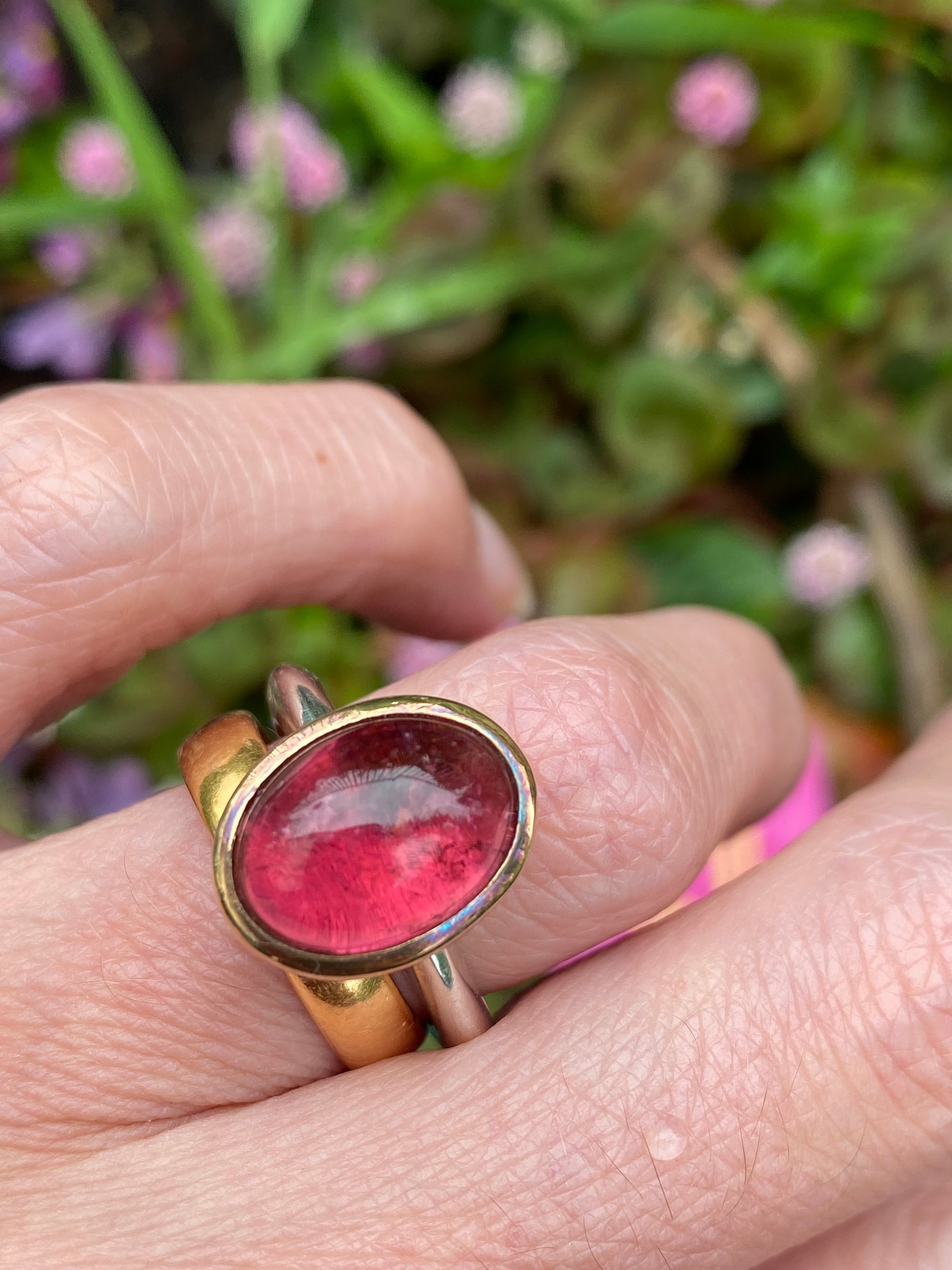 Cabochon Cut Pink Tourmaline Ring in Sterling Silver and 18ct Yellow Gold