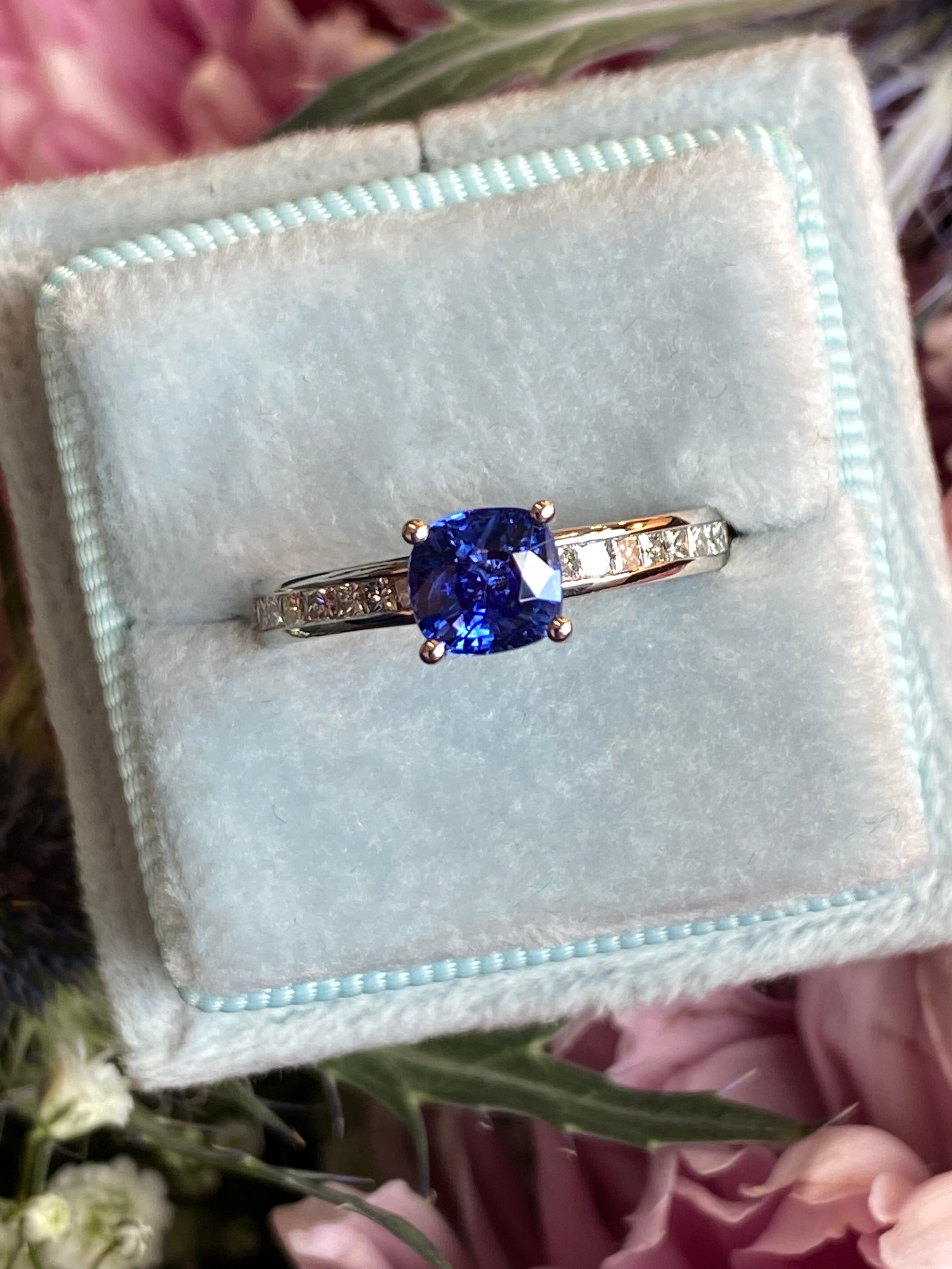 1.02 Carat Cushion Cut Blue Ceylon Sapphire Solitaire Style Engagement Ring in Platinum