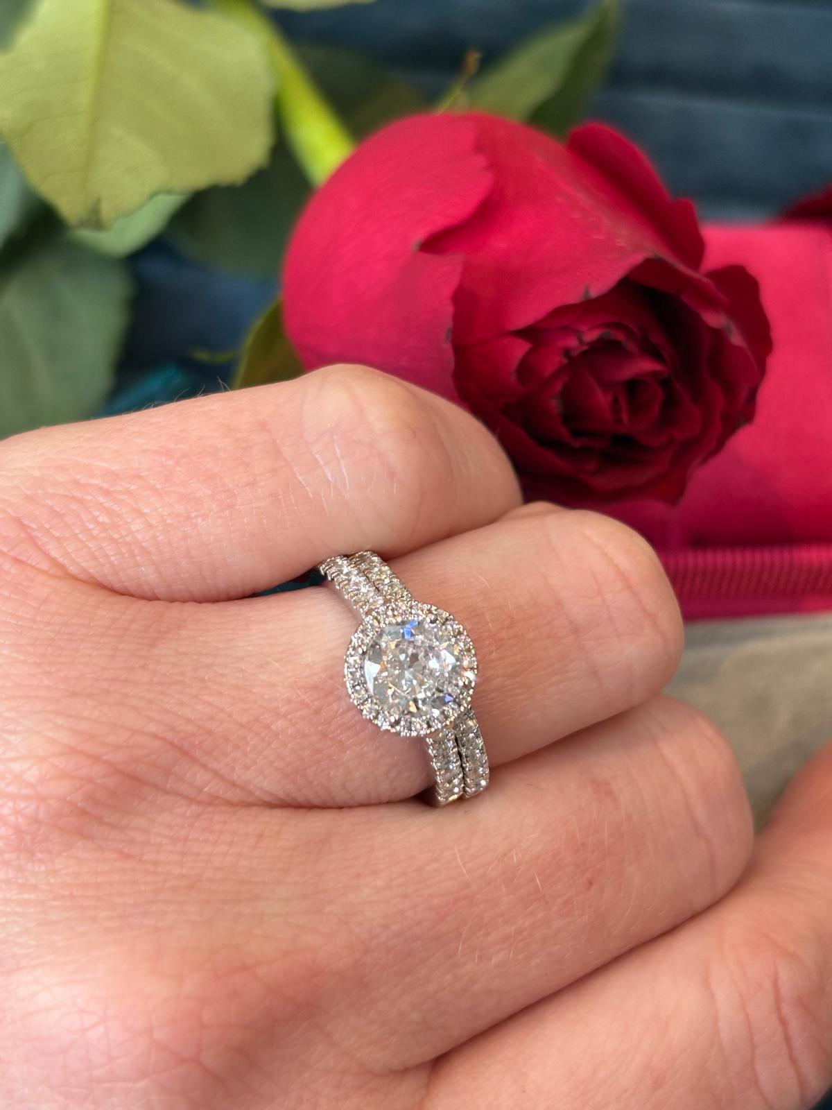 Round Cut Moissanite Halo Engagement and Wedding / Eternity Ring Set in Sterling Silver