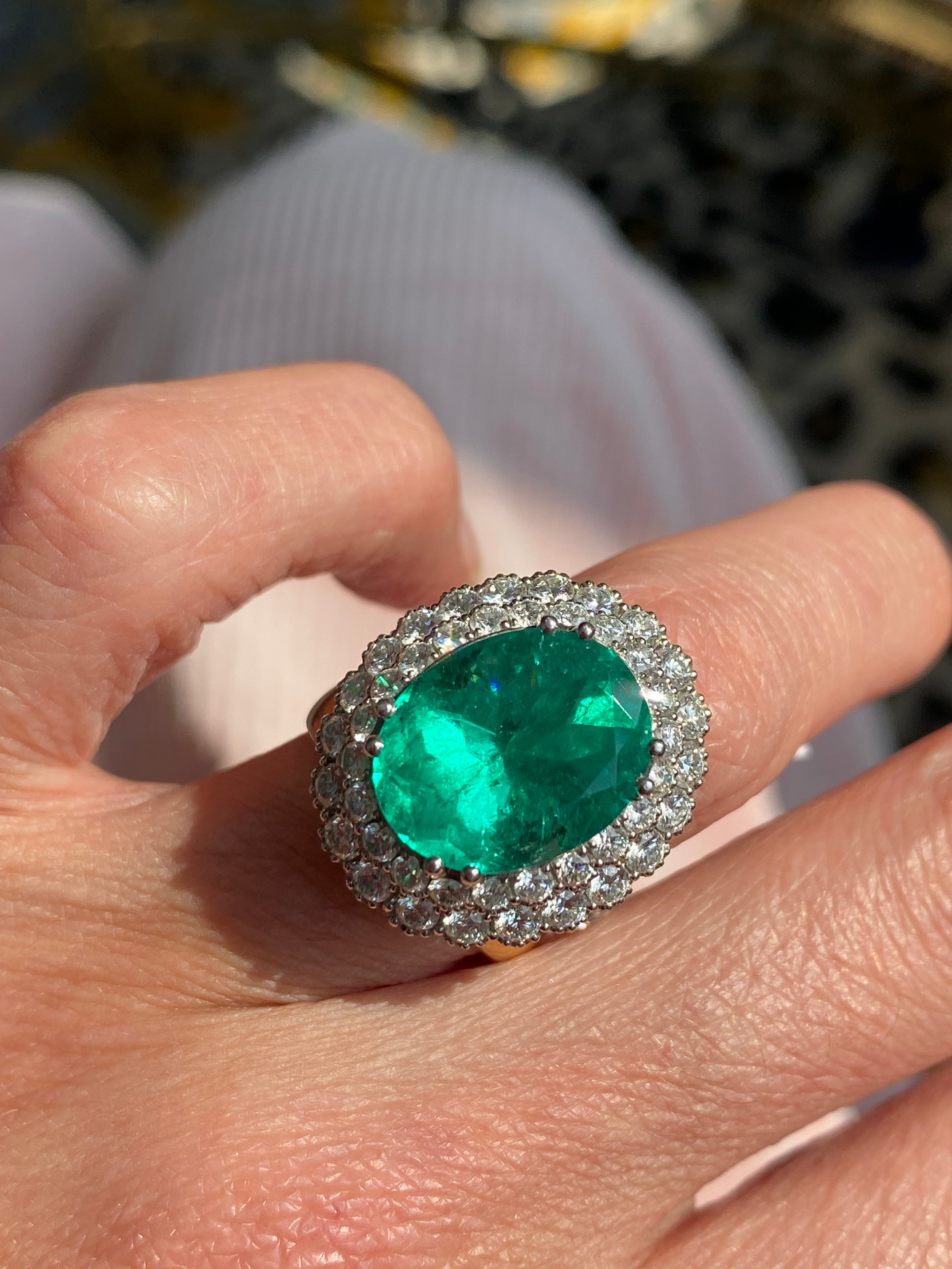 9.10 CTW Colombian Emerald and Natural Diamond Double Halo Ring in Platinum