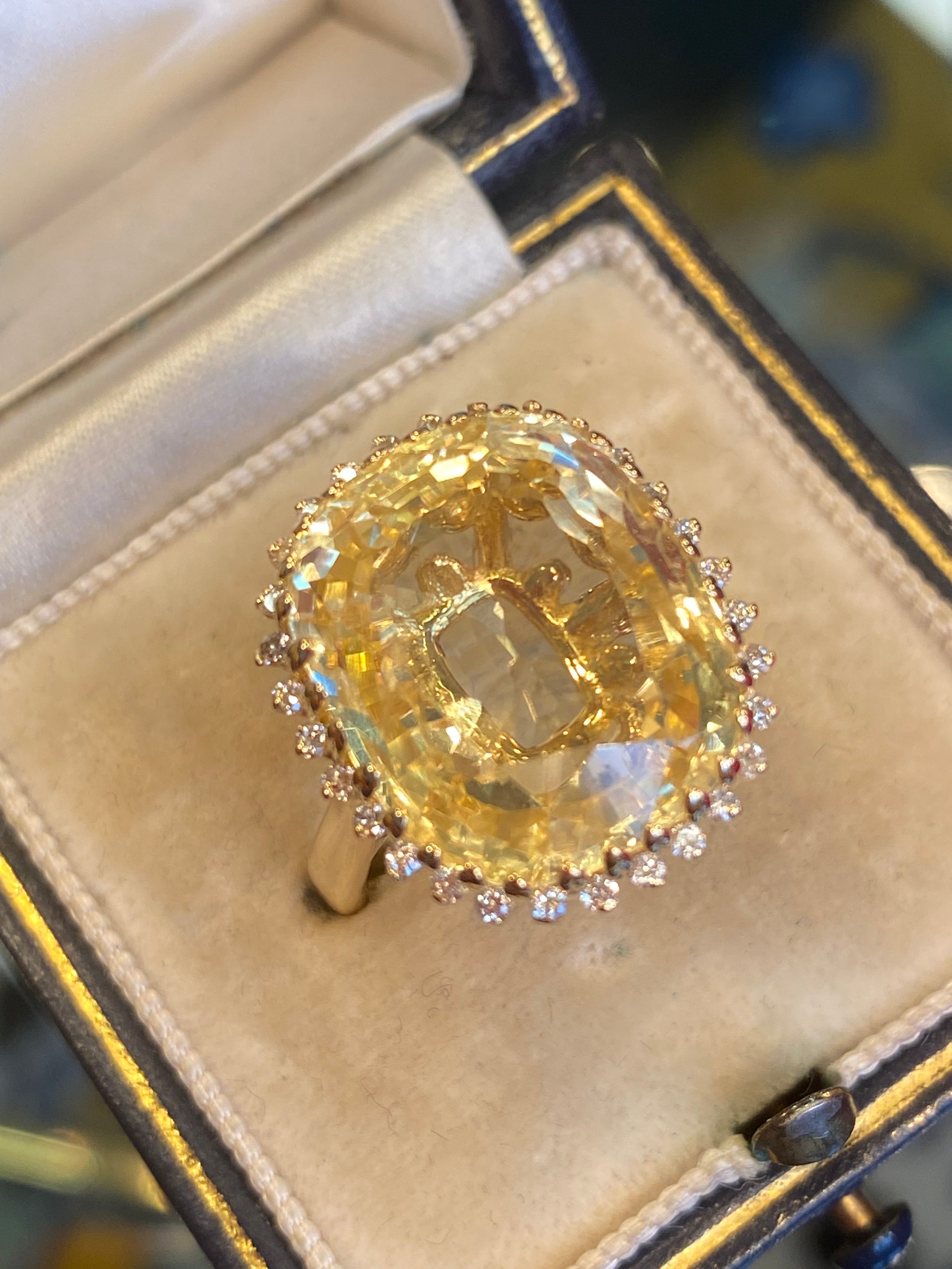Masterpiece 19.23 Carat Certified Antique Unheated Yellow Sapphire and Diamond Ring