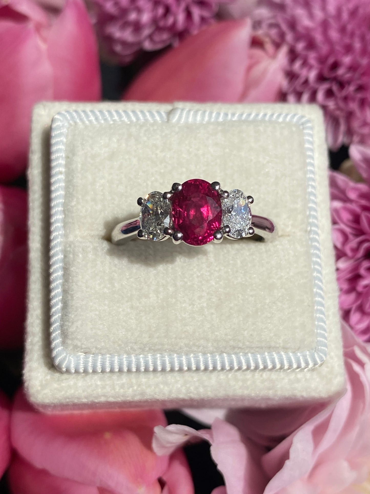 1.34 Carat Ruby and 0.66 Natural Diamond Three Stone Ring in Platinum