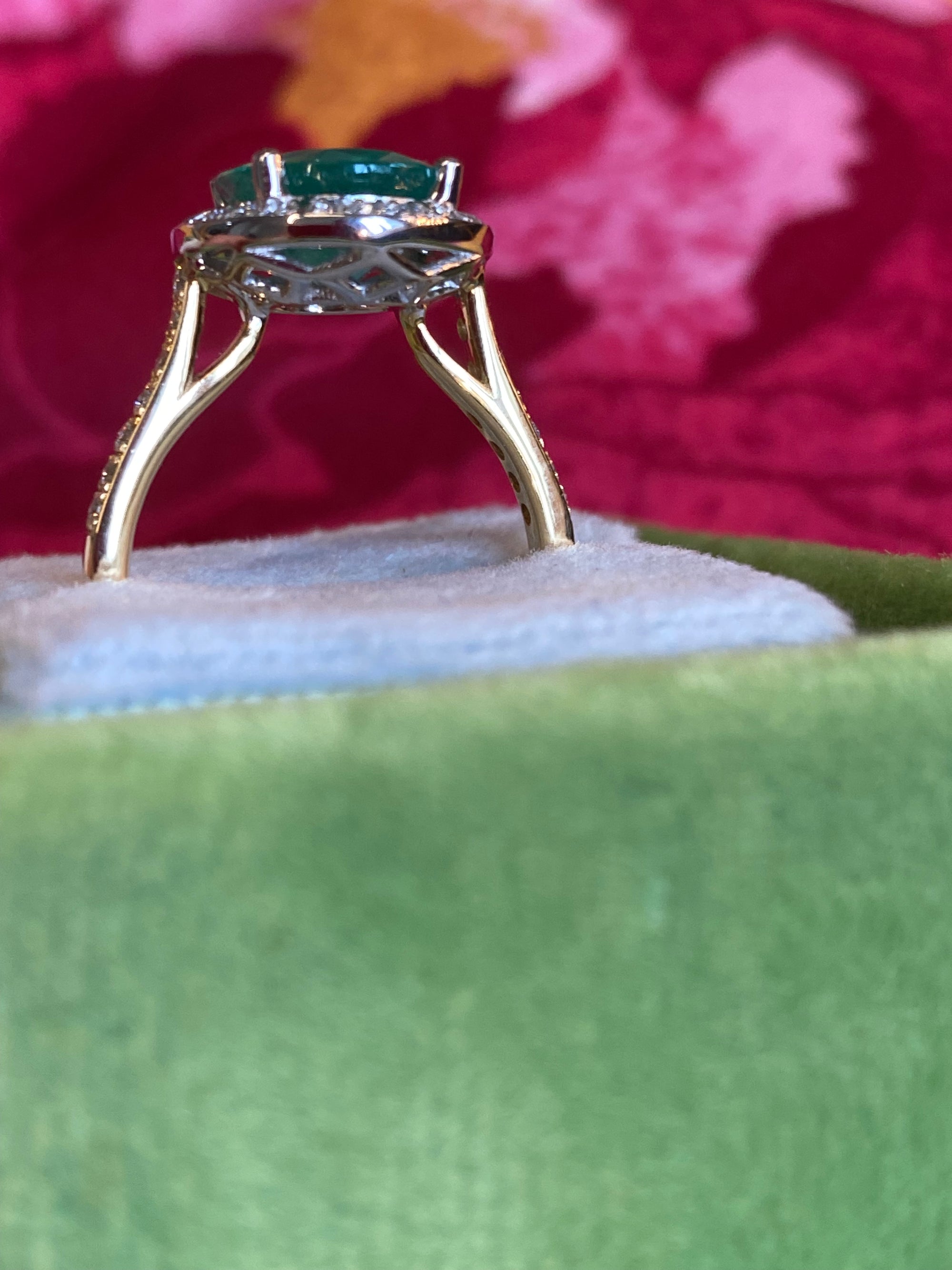 3.21 CTW Oval Cut Emerald and Natural Diamond Halo Engagement Ring in Platinum and 18ct Yellow Gold