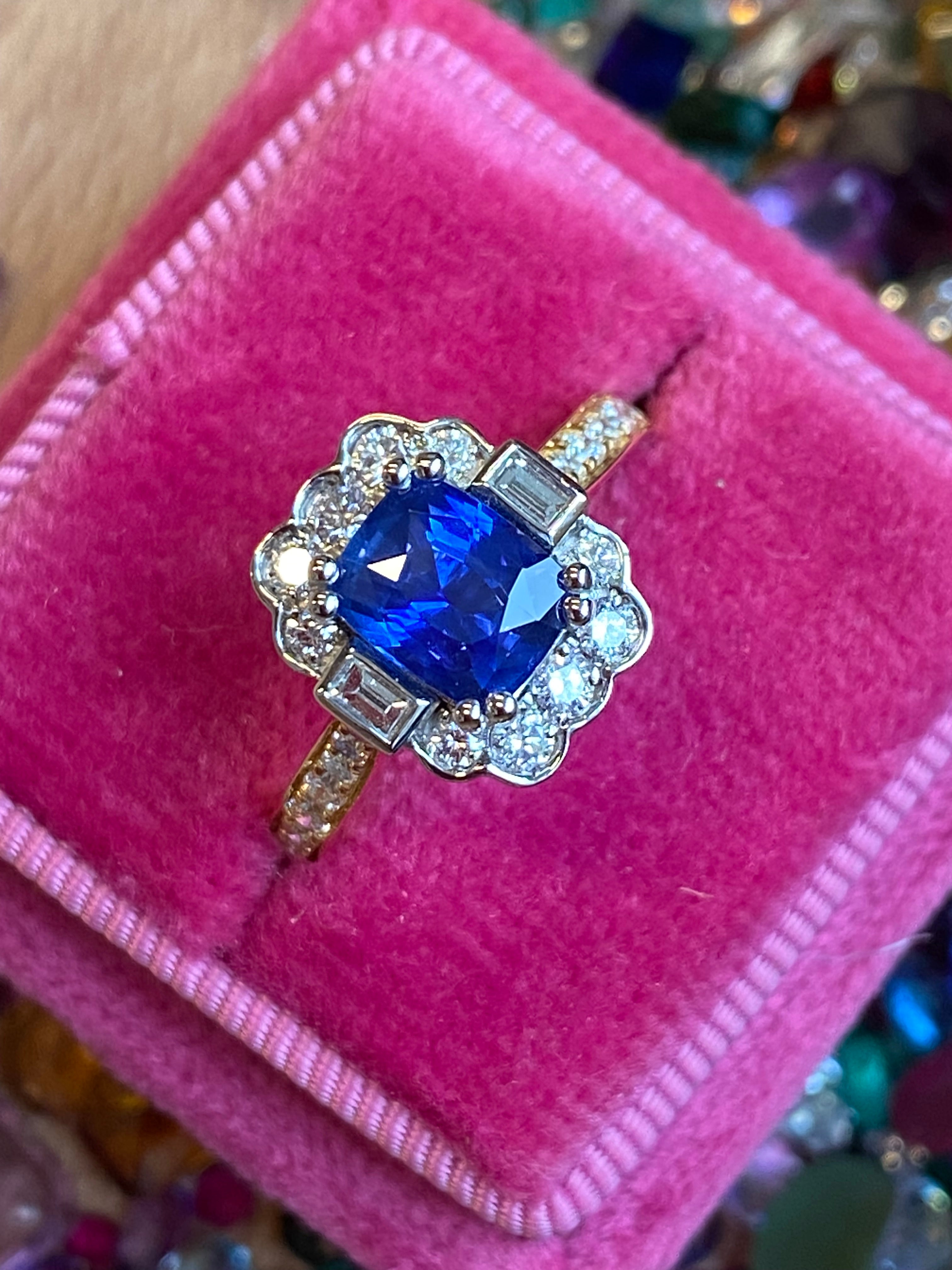 2.11 CTW Cushion Cut Ceylon Sapphire and Natural Diamond Ring in 18ct Yellow Gold