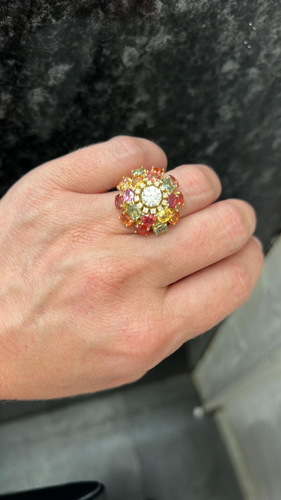 8.08 CTW Natural Diamond and Sapphire Bombe Cluster Ring in 18ct Yellow Gold