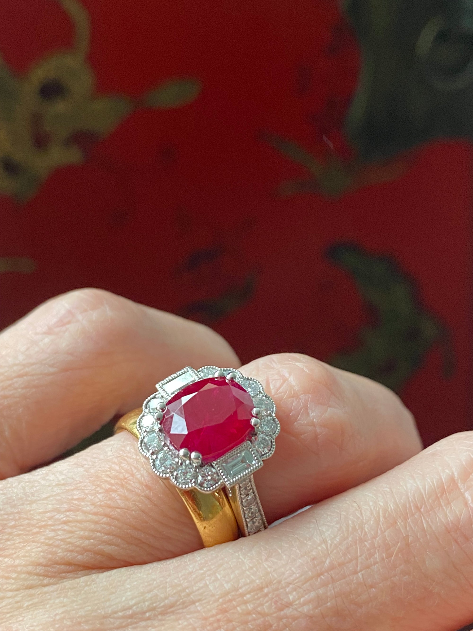 3.54 Carat Oval-Cut Ruby and 0.77 ctw Natural Diamond Halo Ring in Platinum