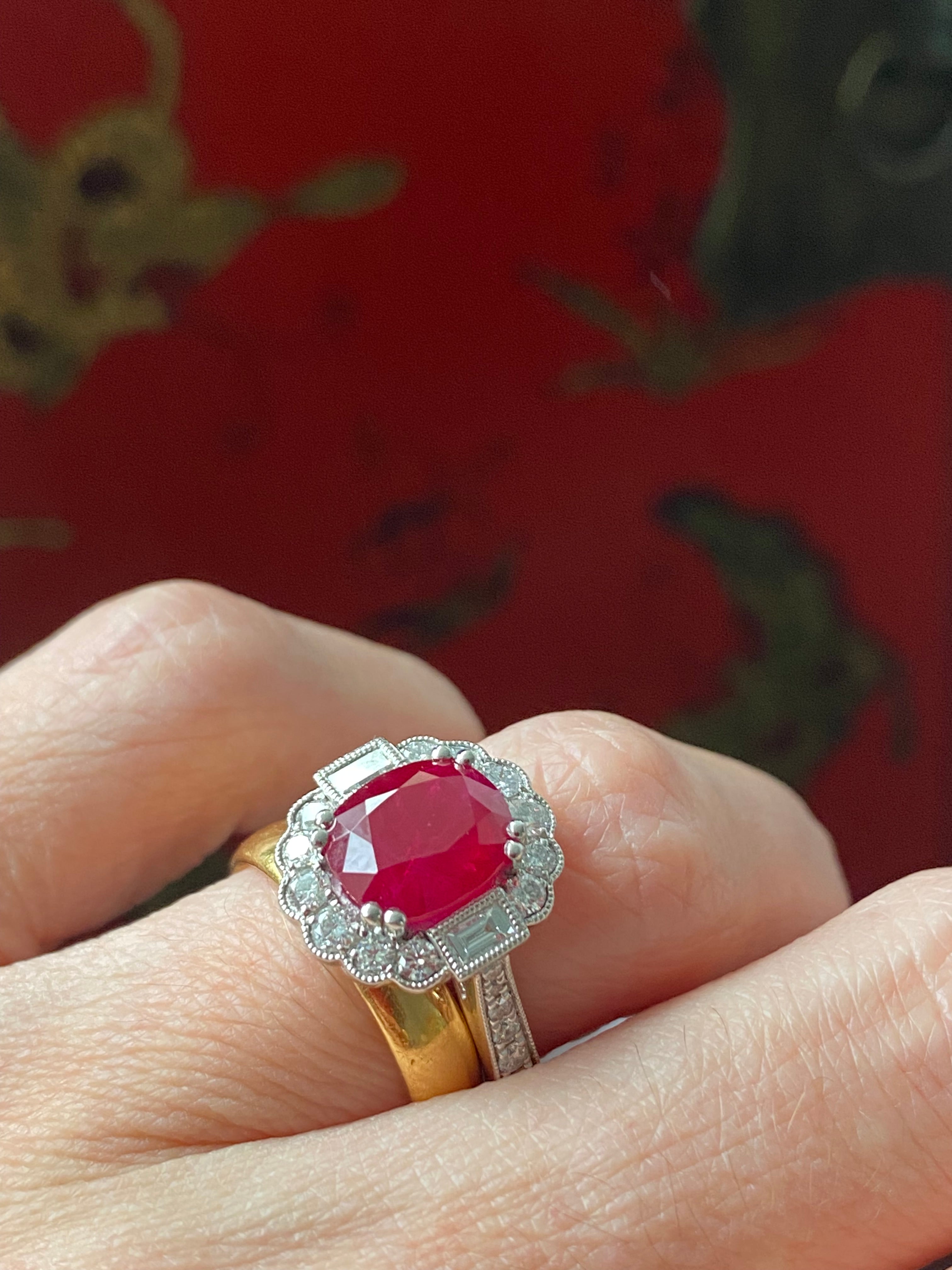 3.54 Carat Oval-Cut Ruby and 0.77 ctw Natural Diamond Halo Ring in Platinum