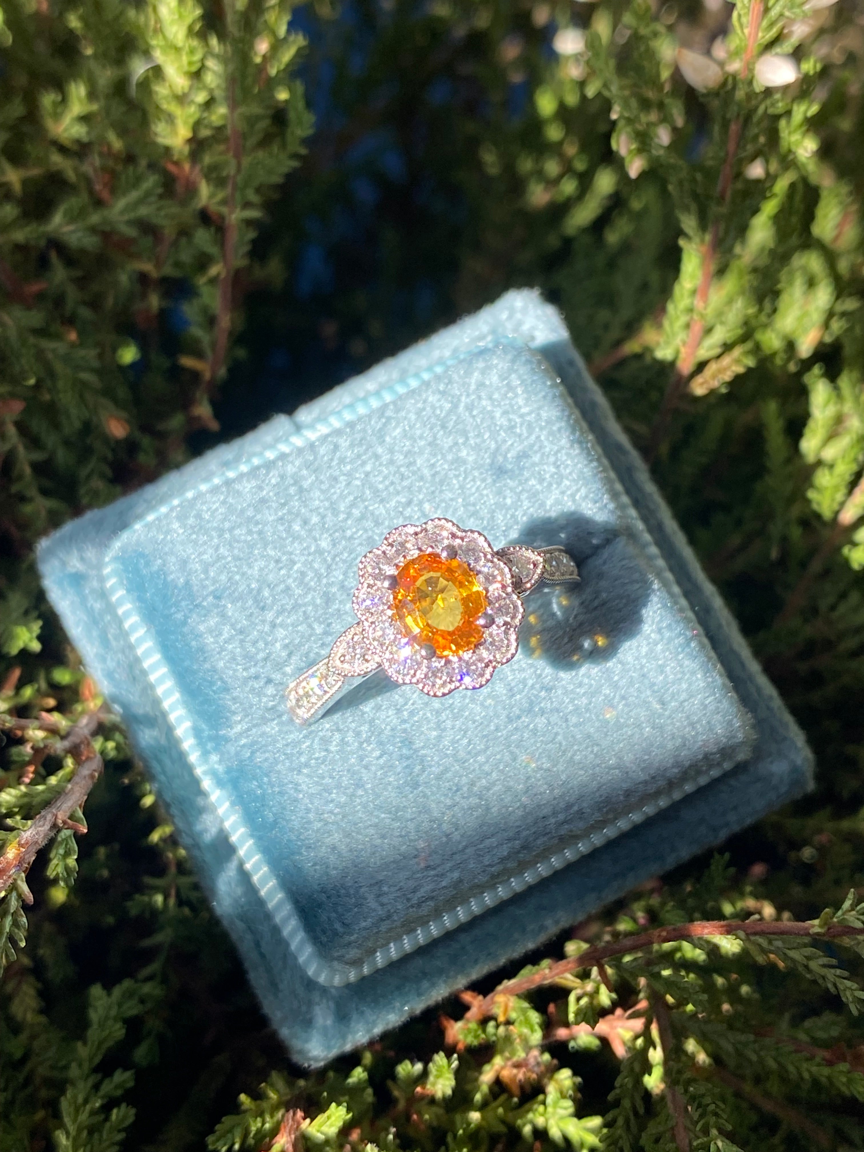 1.20ctw Orangey Yellow Sapphire and Natural Diamond Halo Ring in Platinum