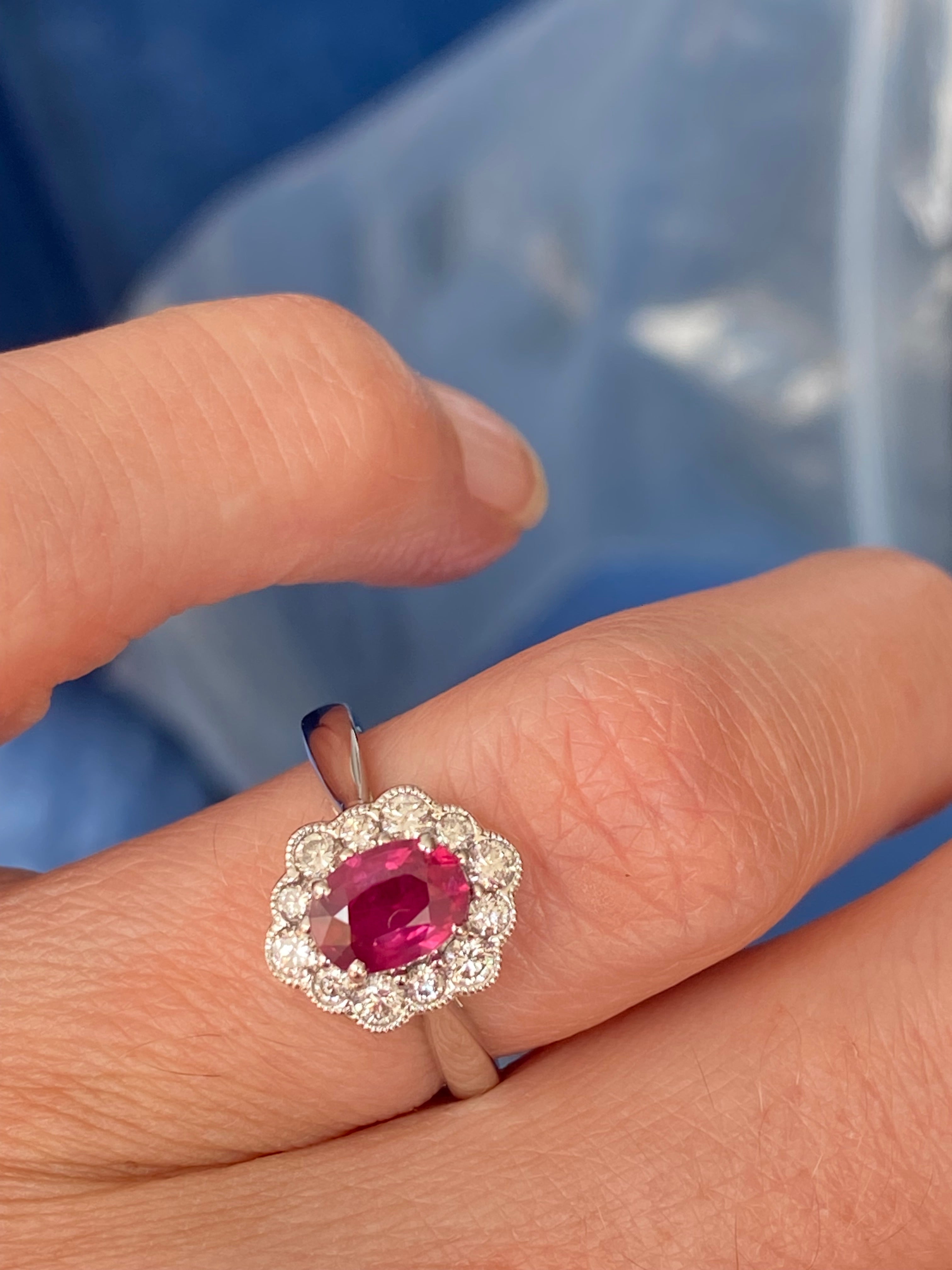 1.49 CTW Ruby and Natural Diamond Halo Ring in 18ct White Gold