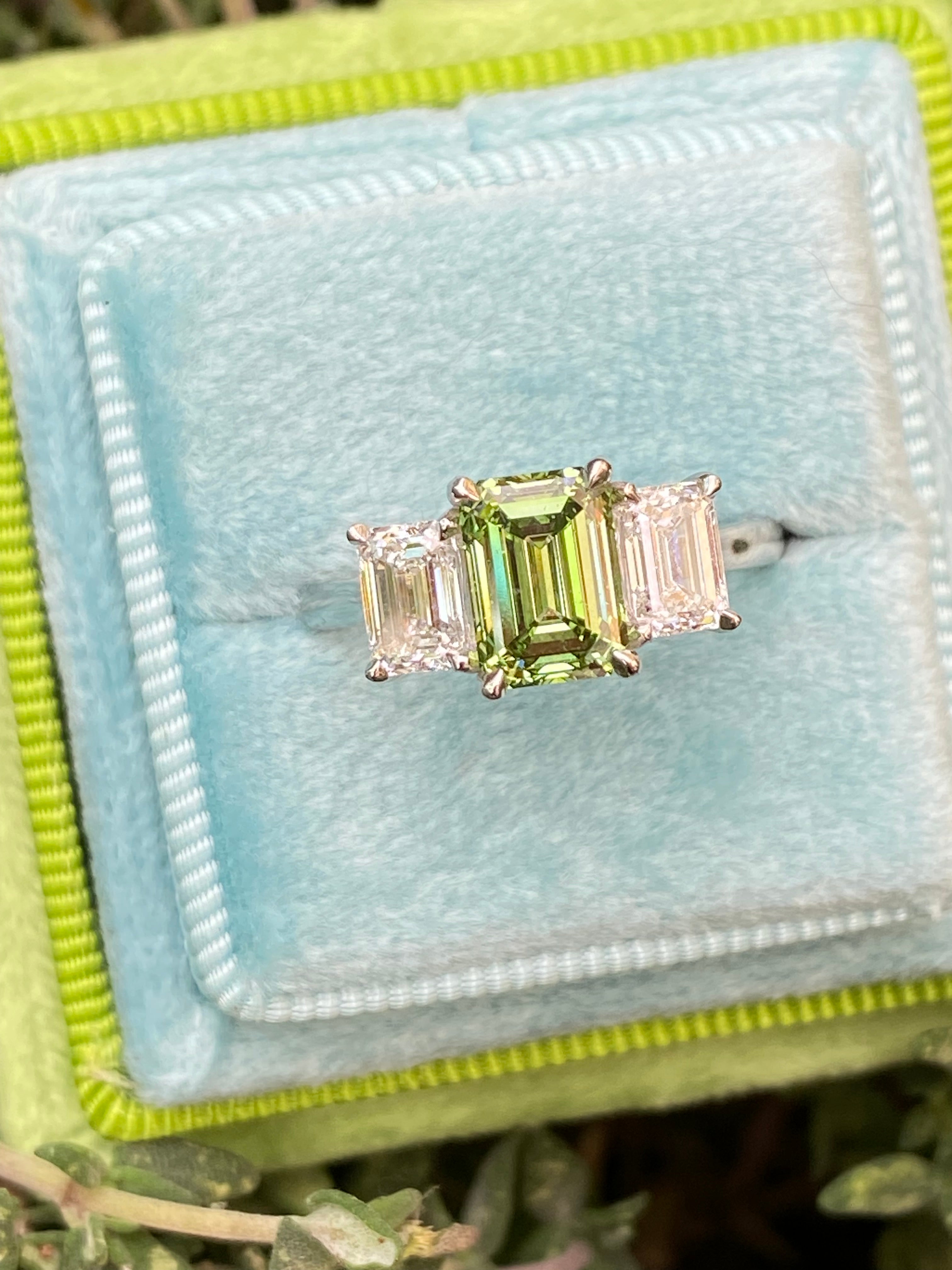 2.61 CTW Fancy Green Lab Grown Diamond Graduated Three Stone Ring in Platinum