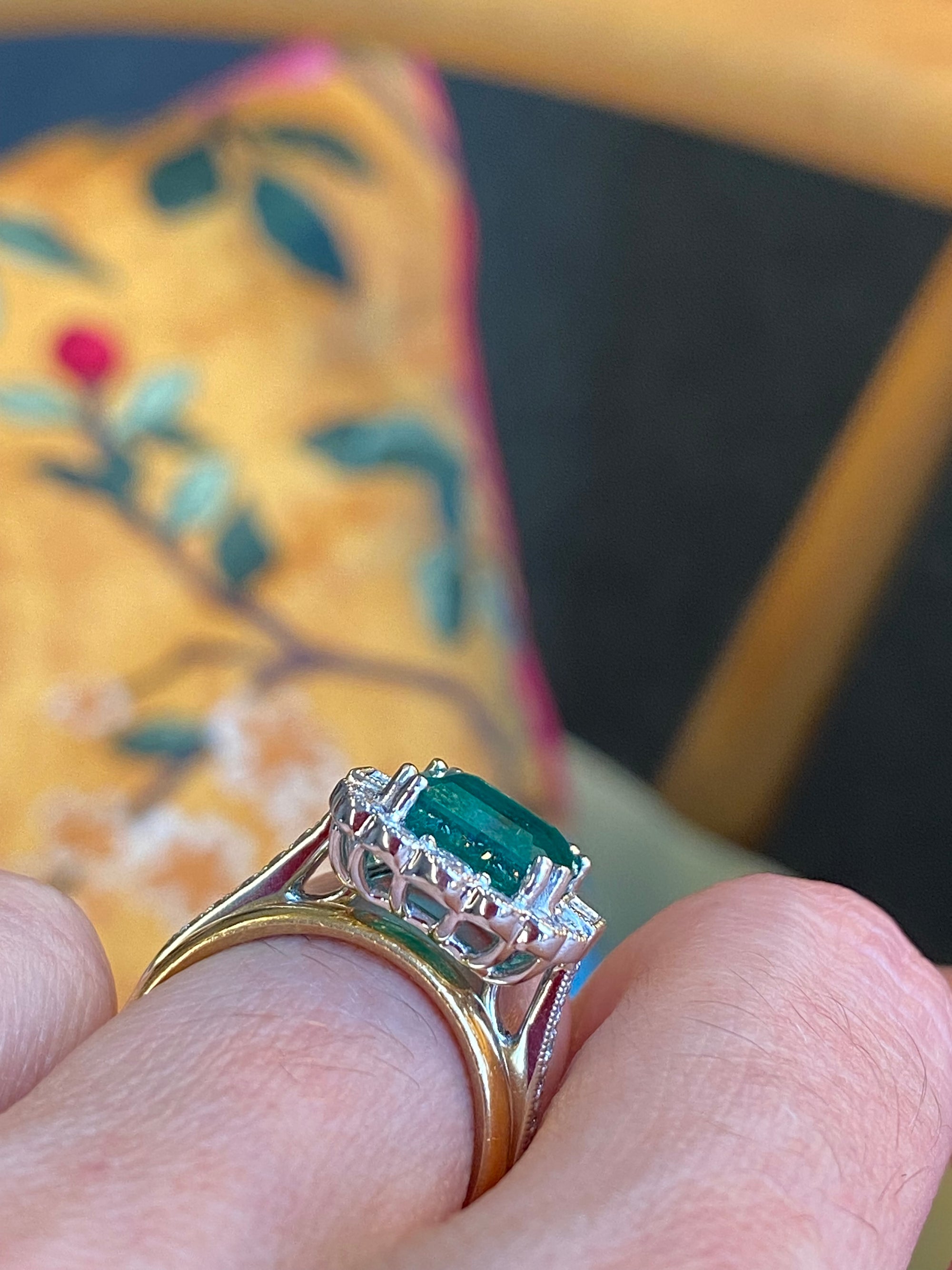 3.88 Carat Emerald and Natural Diamond Halo Ring in Platinum