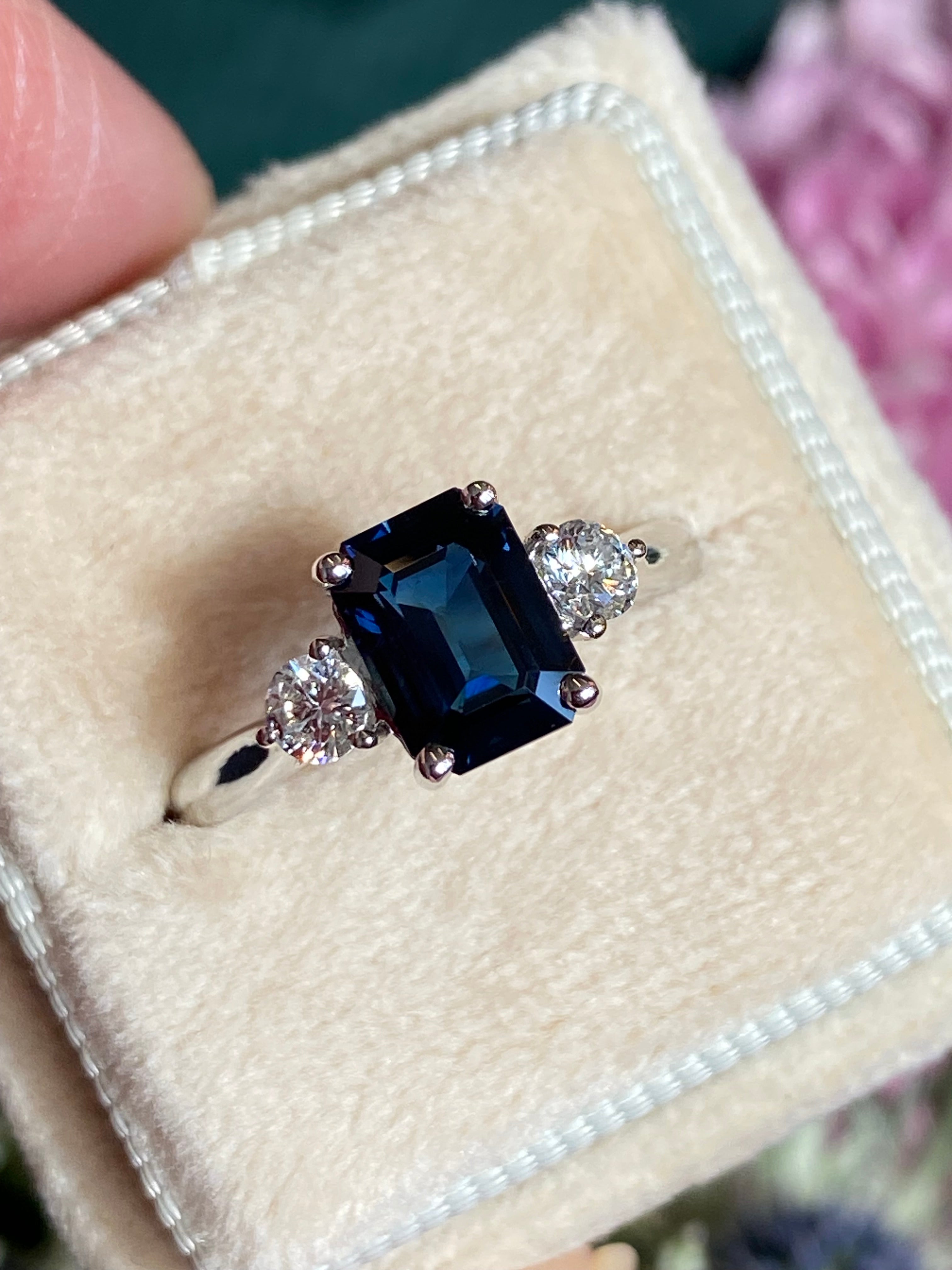 2.04 Carat Teal Sapphire and 0.29 CTW Natural Diamond Three Stone Ring in Platinum