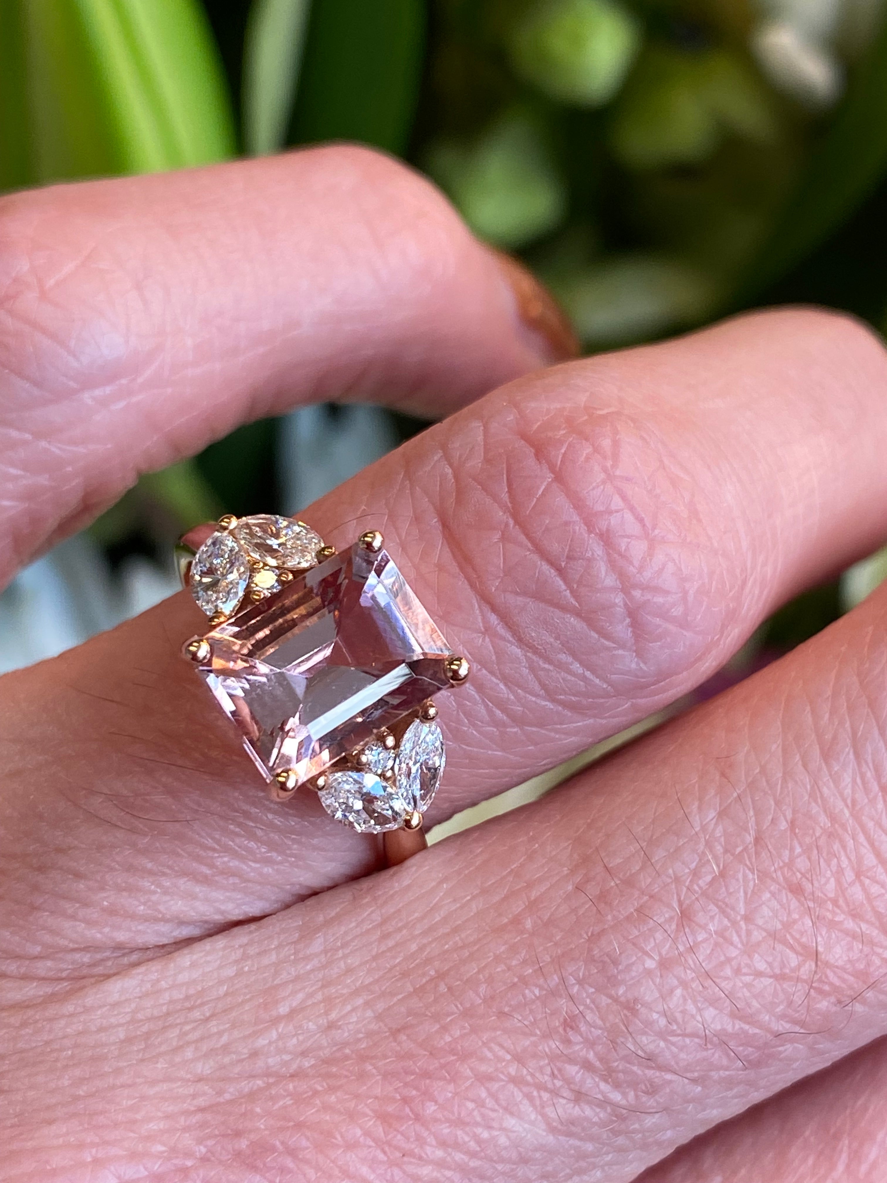 3.25 CTW Emerald Cut Morganite and Diamond Three Stone Engagement Ring in 18ct Rose Gold