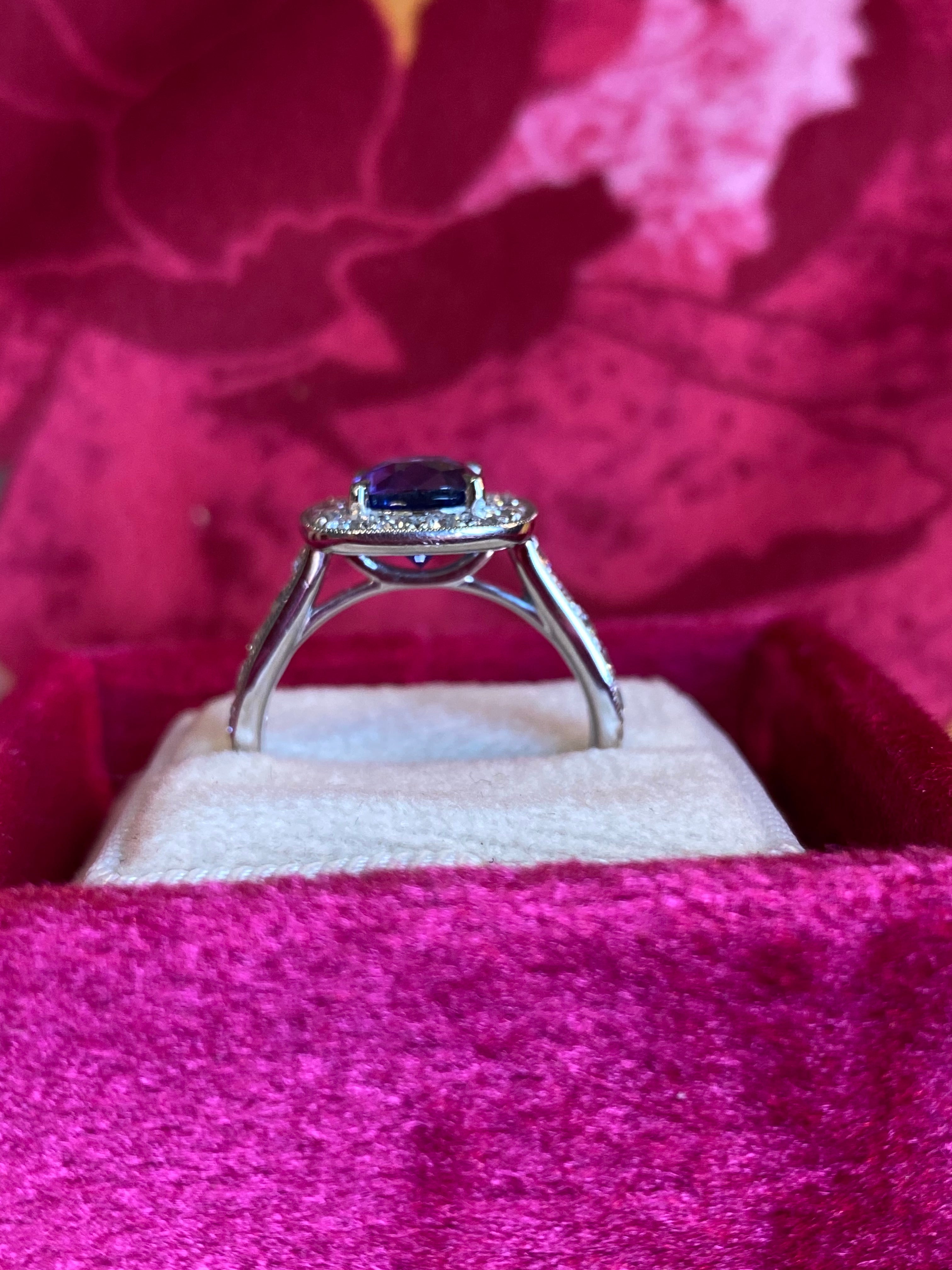 2.24 Carat Blue Ceylon Sapphire and Natural Diamond Halo Ring in Platinum