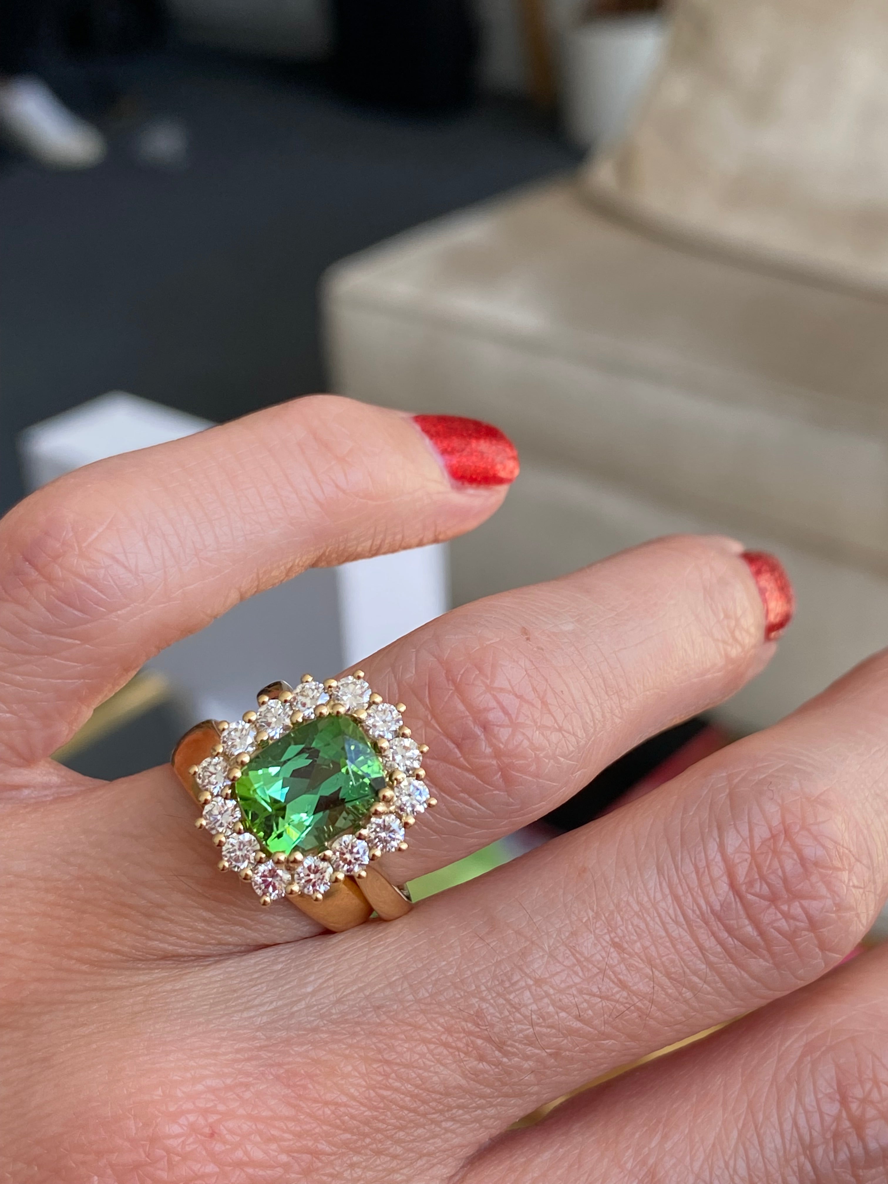 3.02 Carat Green Tourmaline and Natural Diamond Ring in 18ct Yellow Gold