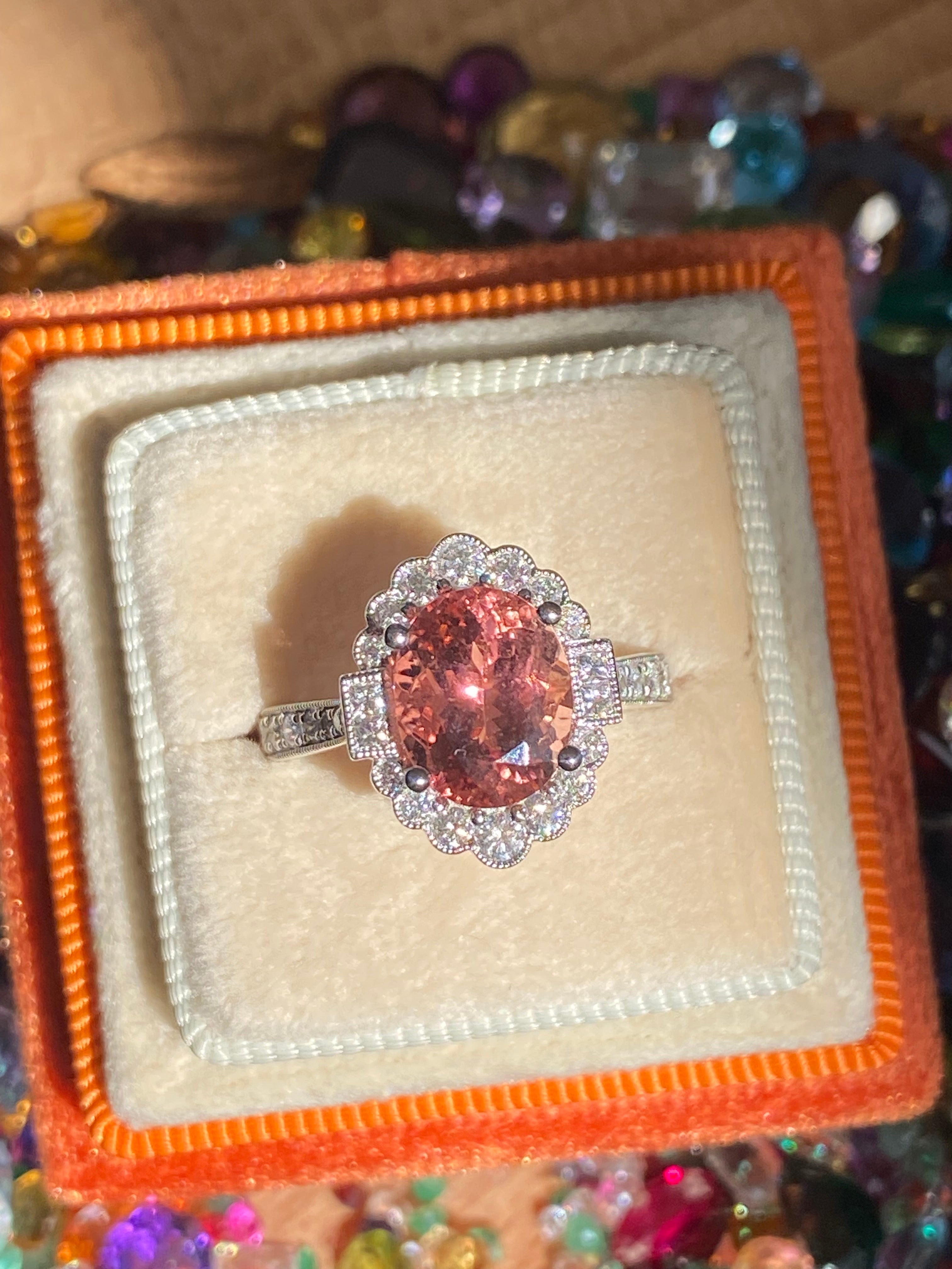 3.69 CTW Rose Tourmaline and Natural Diamond Halo Ring in Platinum