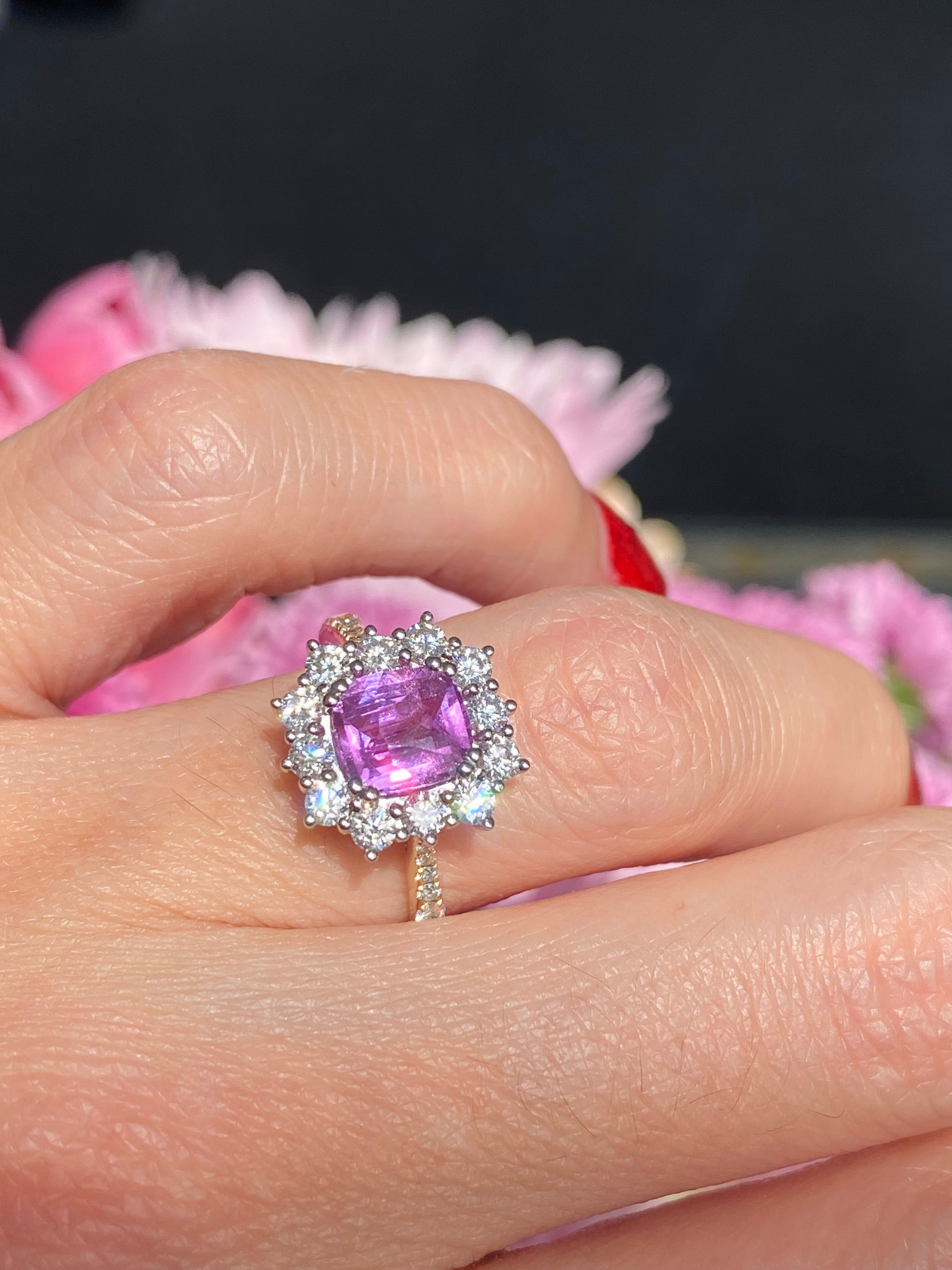 1.65 Carat Purple Sapphire and 0.85ctw Natural Diamond Halo Ring in Platinum and 18ct Gold