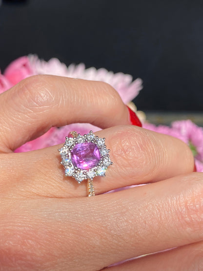 1.65 Carat Purple Sapphire and 0.85ctw Natural Diamond Halo Ring in Platinum and 18ct Gold