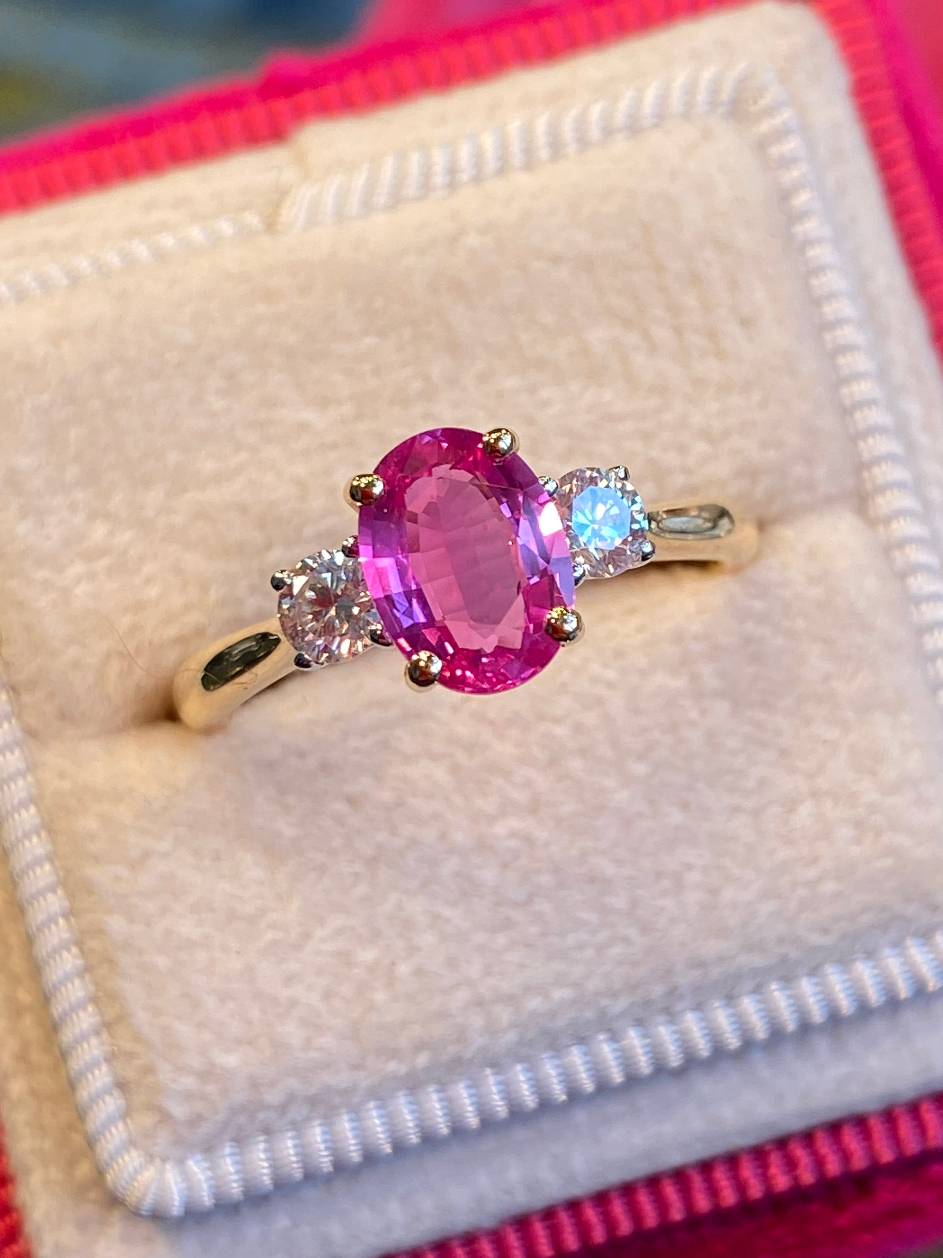 1.23 Carat No Heat Ceylon Pink Sapphire and Natural Diamond Three Stone Engagement Ring in Platinum and 18ct Yellow Gold