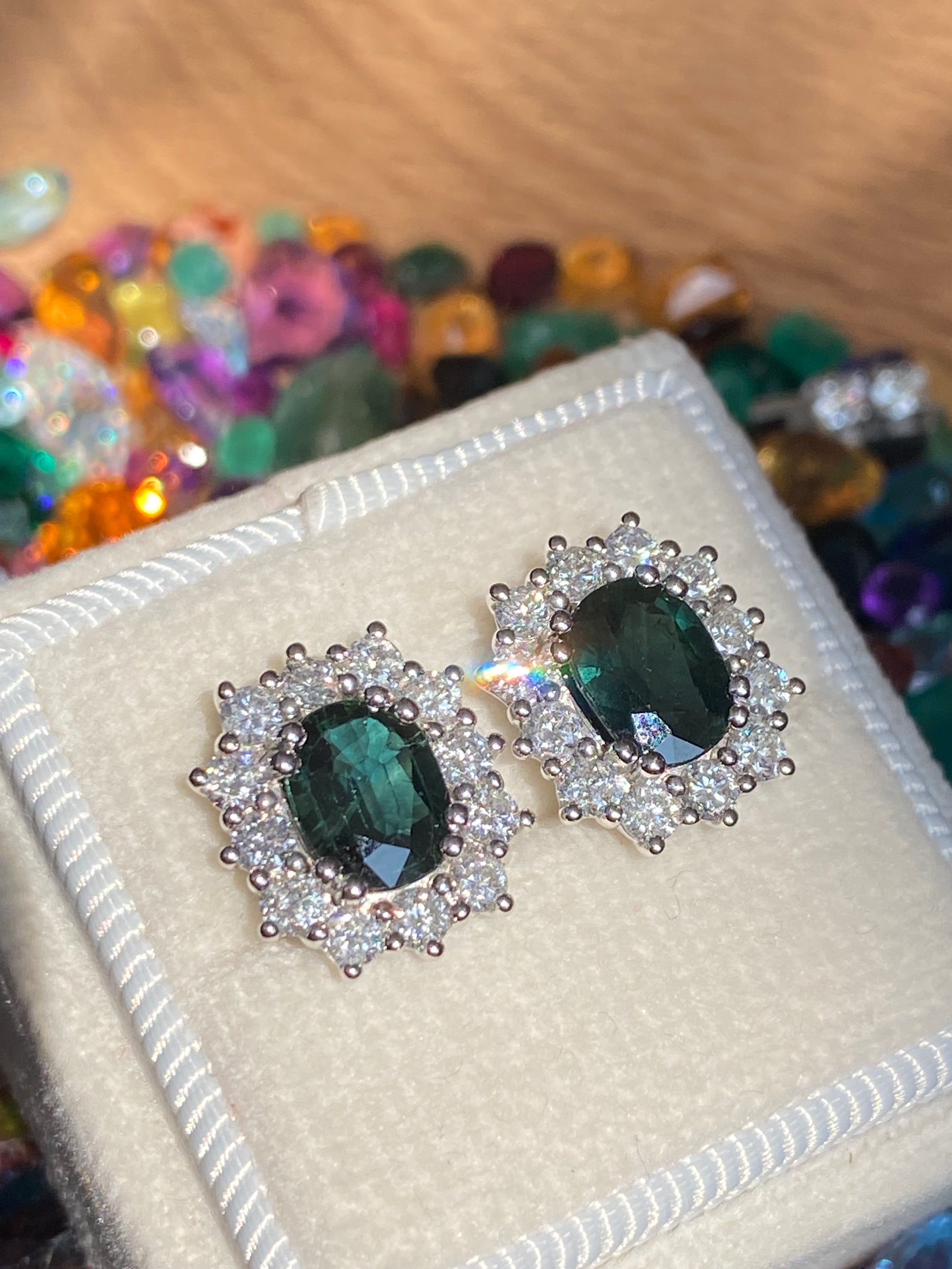 3.77 CTW Teal Sapphire and Natural Diamond Halo Stud Earrings in 18ct White Gold