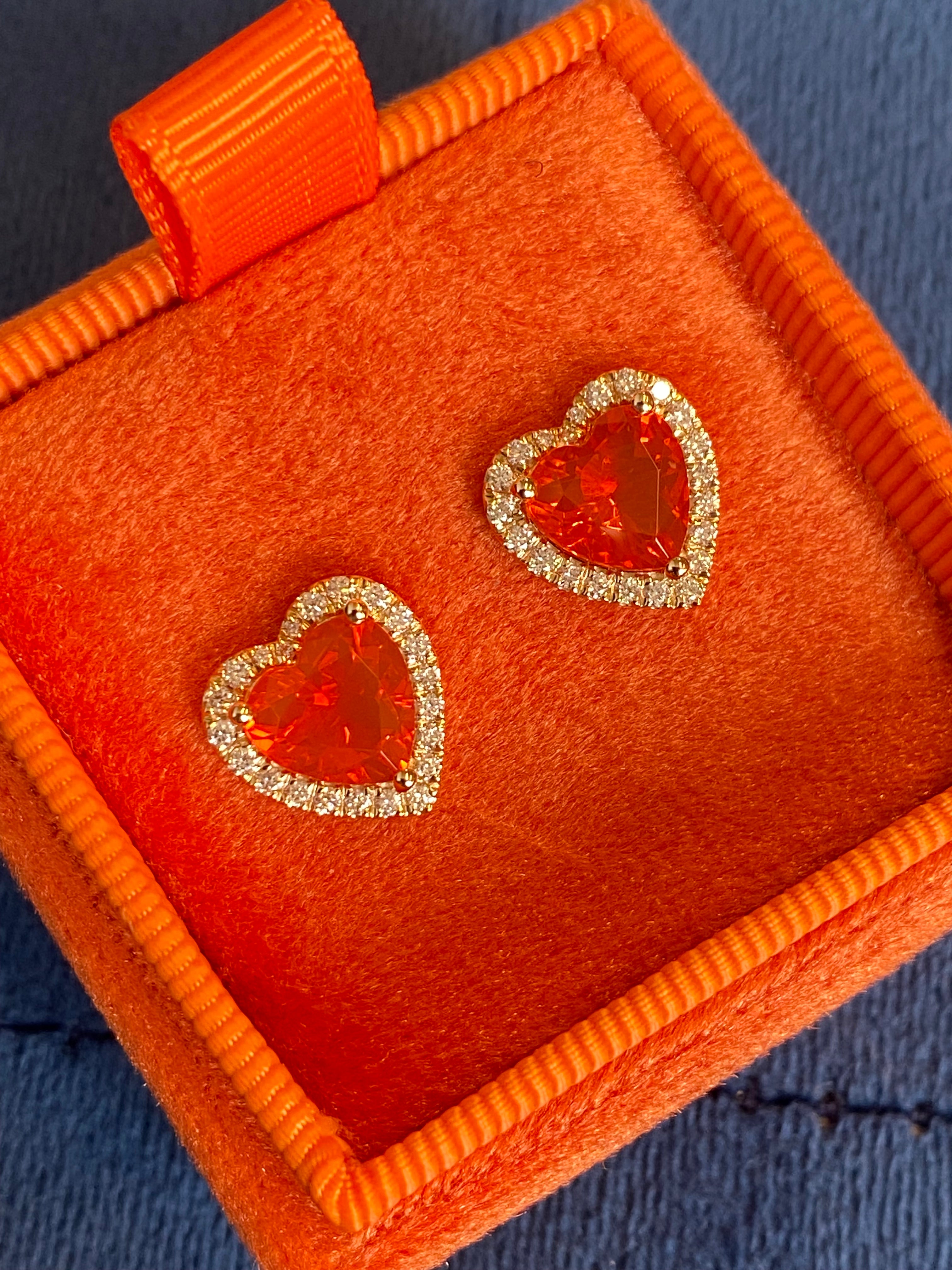 Heart Shaped Fire Opal and Natural Diamond Stud Earrings in 9ct Yellow Gold