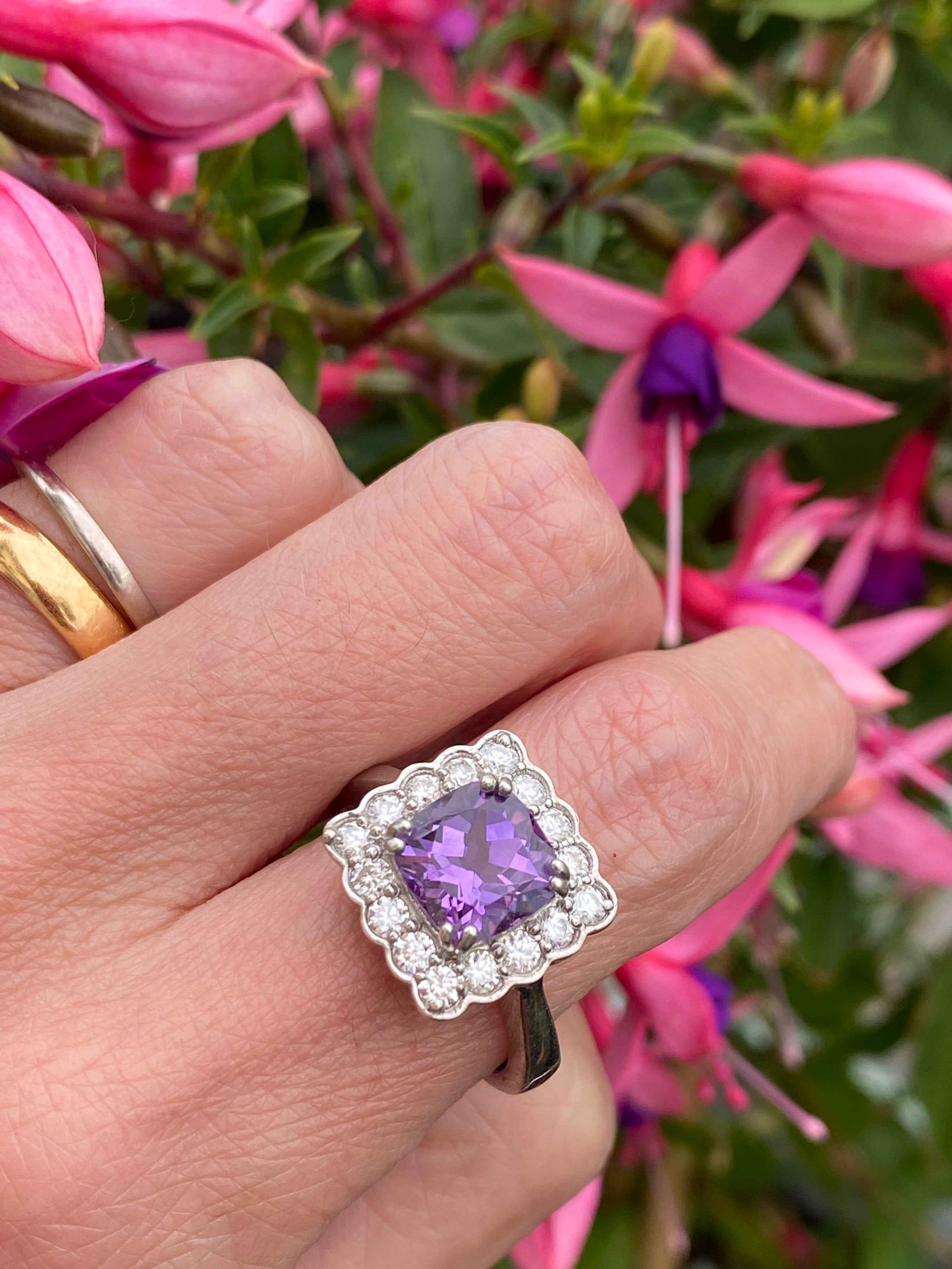 4.29 CTW Cushion Cut Amethyst and Moissanite Halo Cocktail Ring in Sterling Silver