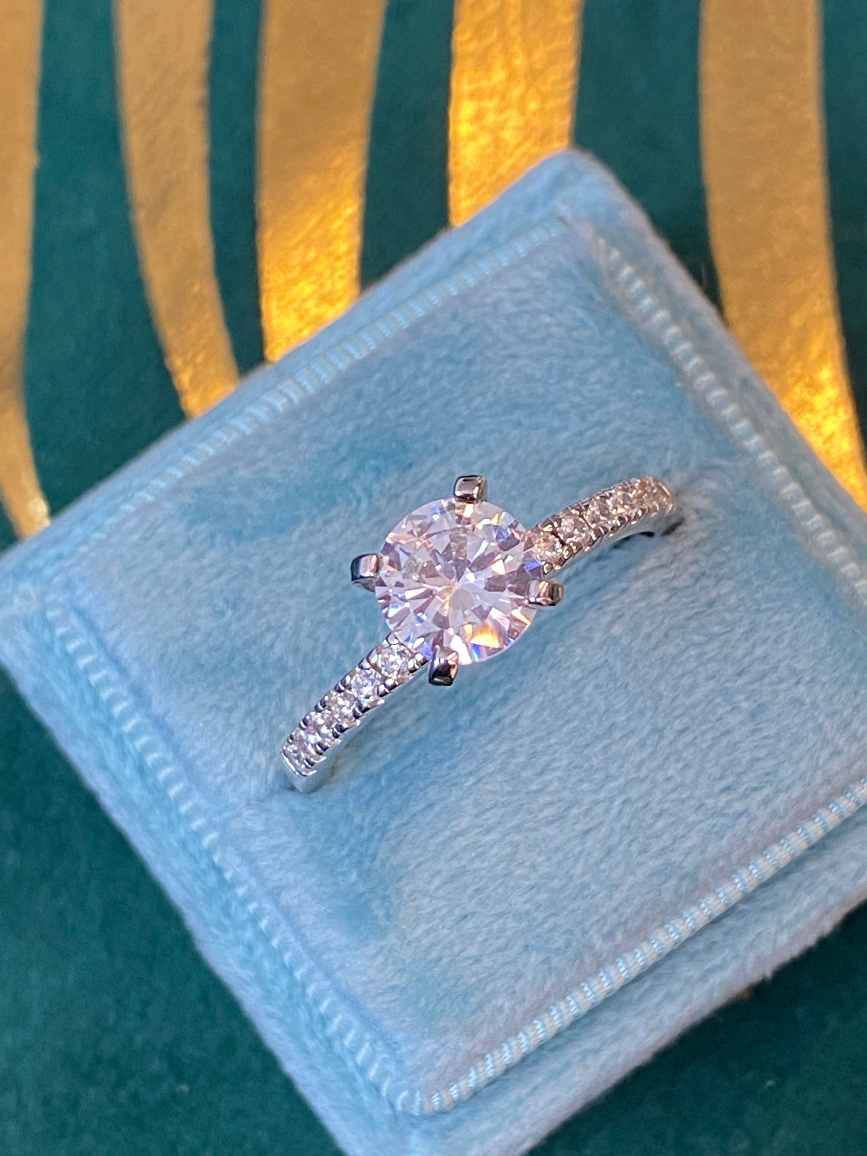 Round Cut Solitaire Moissanite Halo Engagement and Wedding / Eternity Ring Set in Sterling Silver